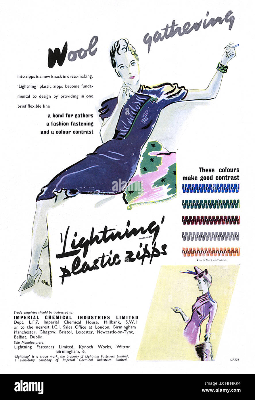 Publicité pour les fermetures éclair en plastique Lightning 1938 Banque D'Images