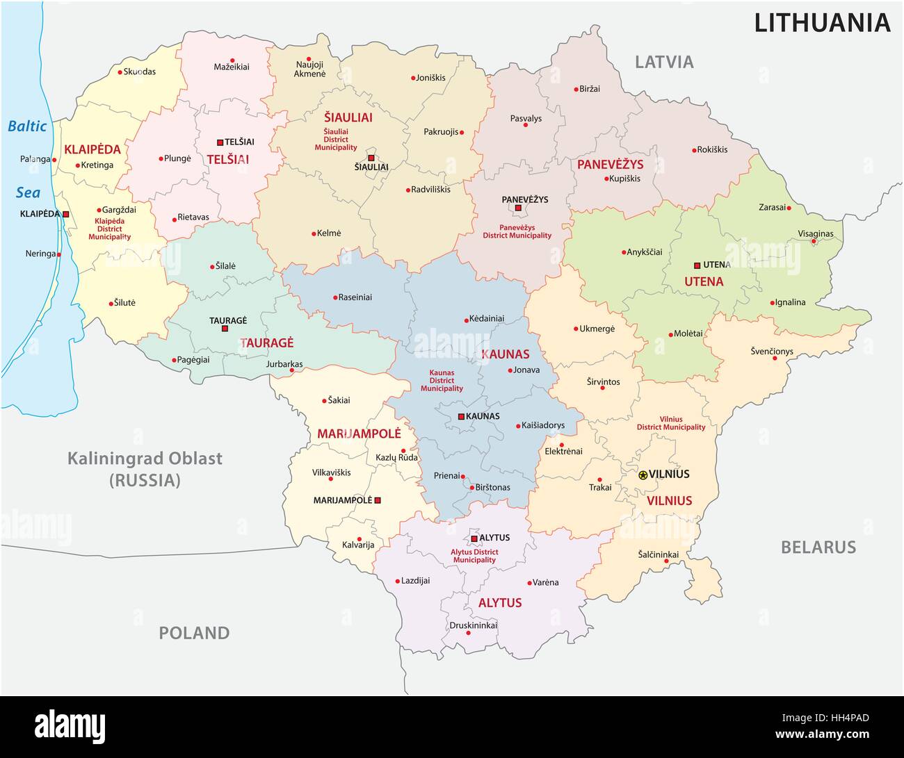 Carte vectorielle administrative et politique de la République de Lituanie Mer Baltique Illustration de Vecteur