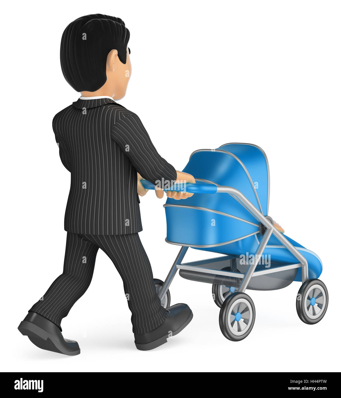 Les gens d'affaires 3d illustration. Businessman poussant une poussette de bébé. Isolé sur fond blanc. Banque D'Images