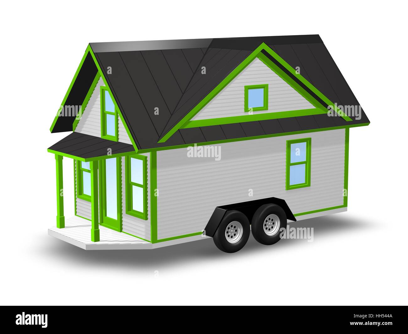 Rendu 3D Illustration d'une petite maison sur une remorque. House est isolé sur un fond blanc. Banque D'Images