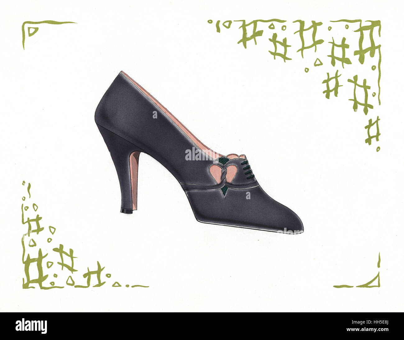 La conception de chaussures de femme en cuir violet foncé à l'intérieur d'une frontière abstraite art déco. Chromolithographie de Andre Camy's La chaussure d'art, l'Art de la chaussure, août-septembre, Paris, 1930. Banque D'Images