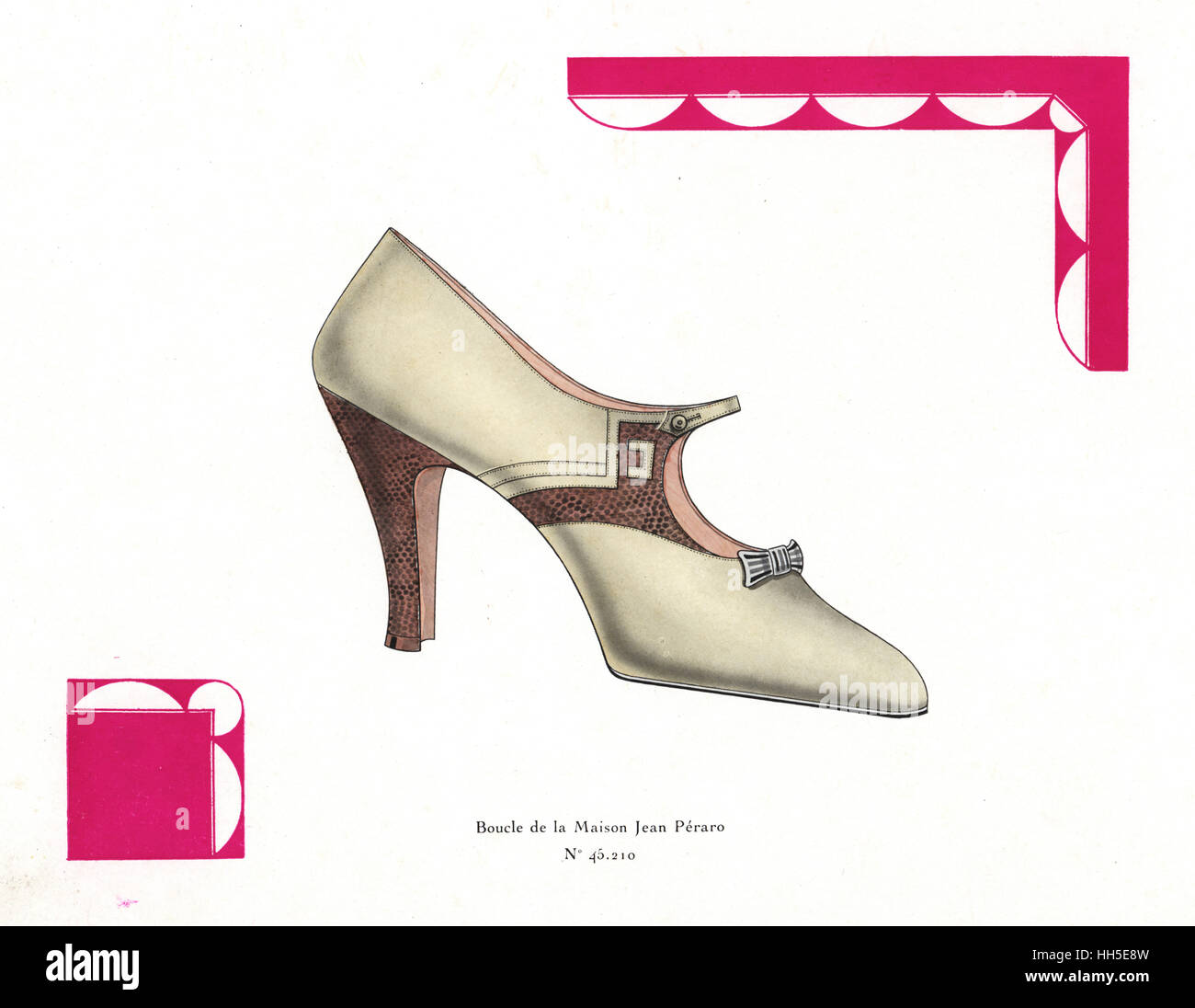 Boucle de chaussure femme Maison Jean Peraro ivoire en cuir avec détail dans la peau de frontière art déco. Chromolithographie de Andre Camy's La chaussure d'art, l'Art de la chaussure, août-septembre, Paris, 1930. Banque D'Images