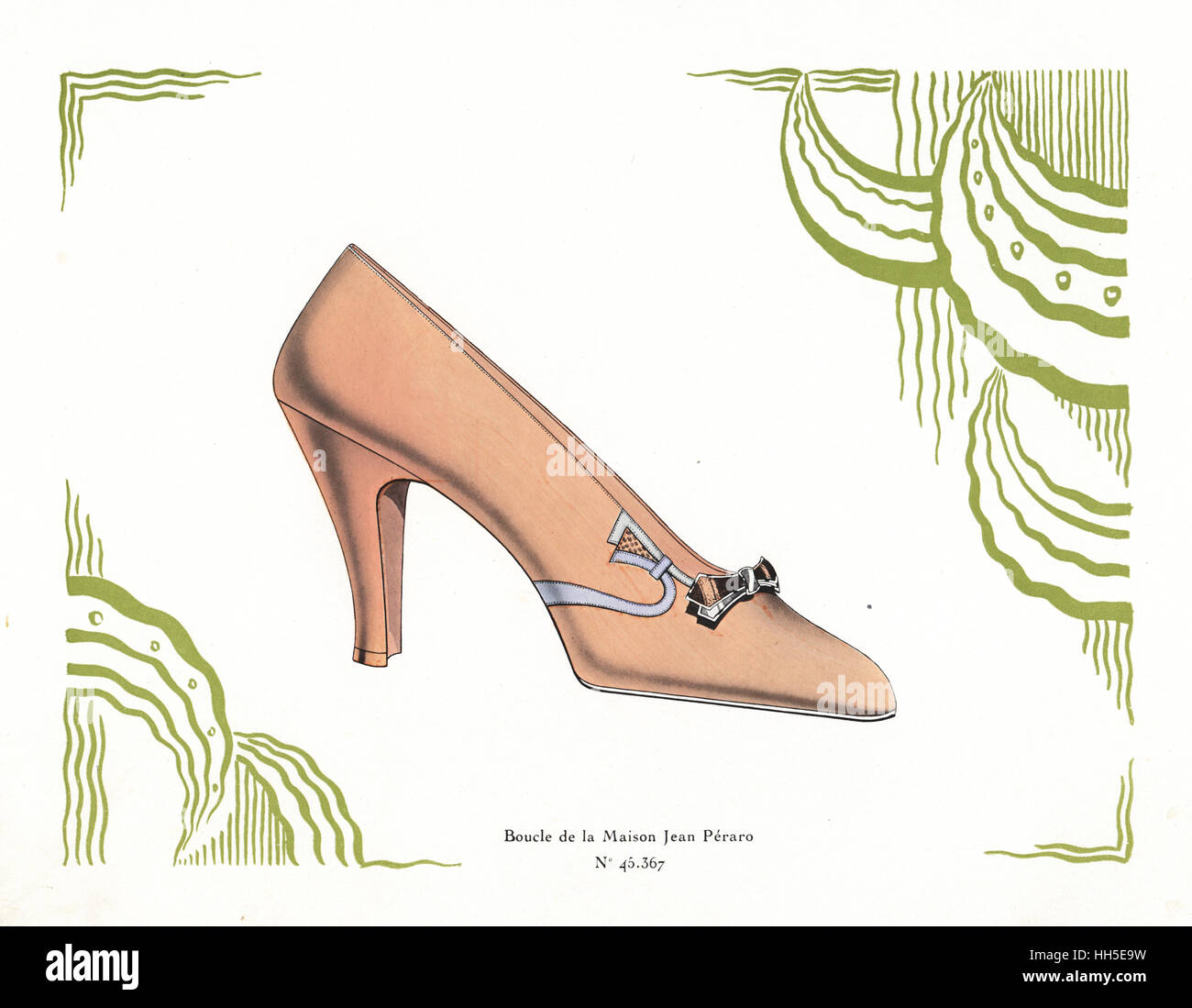 La conception de chaussures de femme en cuir rose saumon avec boucle à partir de la Maison Jean Peraro dans l'art abstrait deco border. Chromolithographie de Andre Camy's La chaussure d'art, l'Art de la chaussure, août-septembre, Paris, 1930. Banque D'Images
