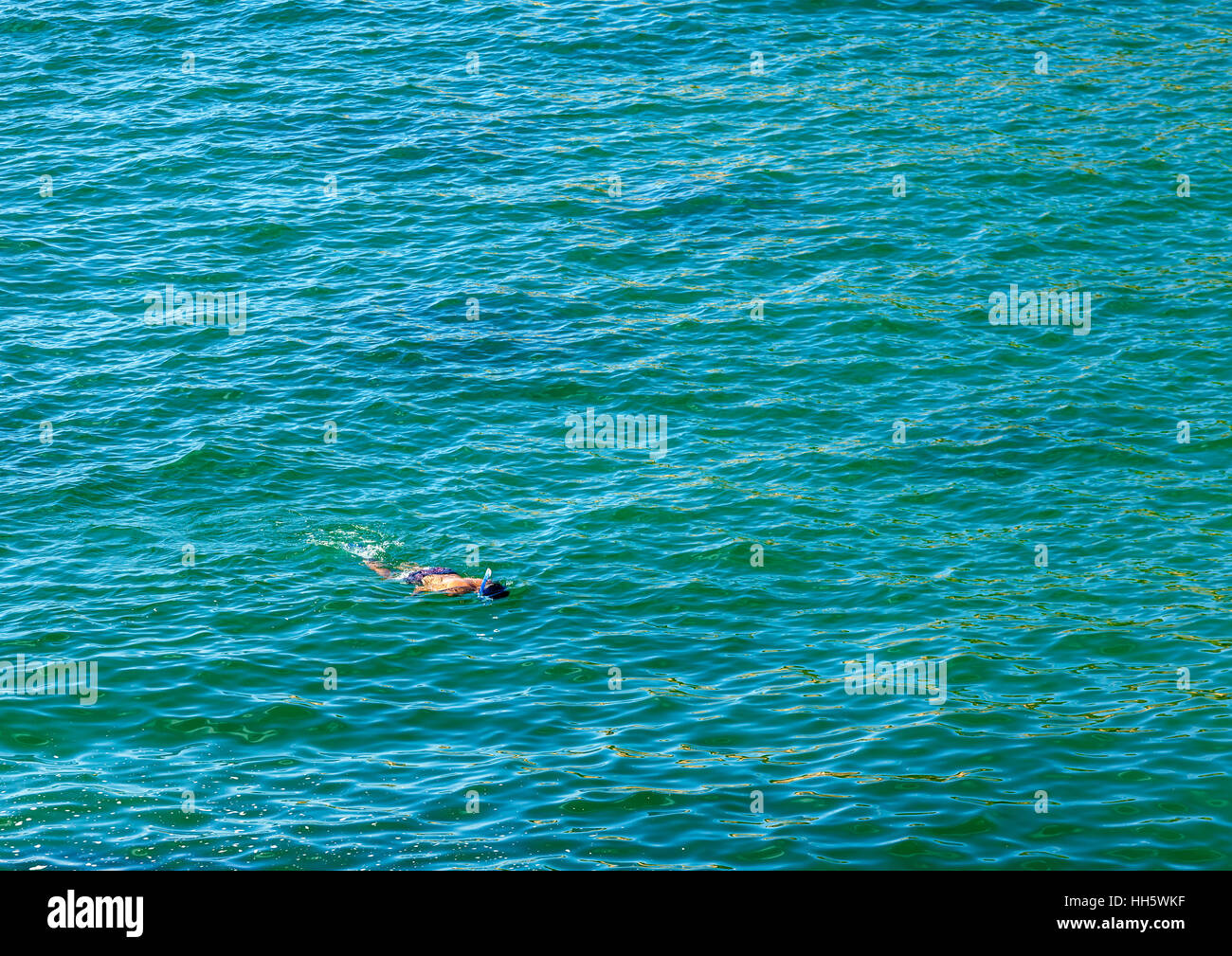 Jeune homme solitaire en apnée dans la mer loin du rivage lisse Banque D'Images