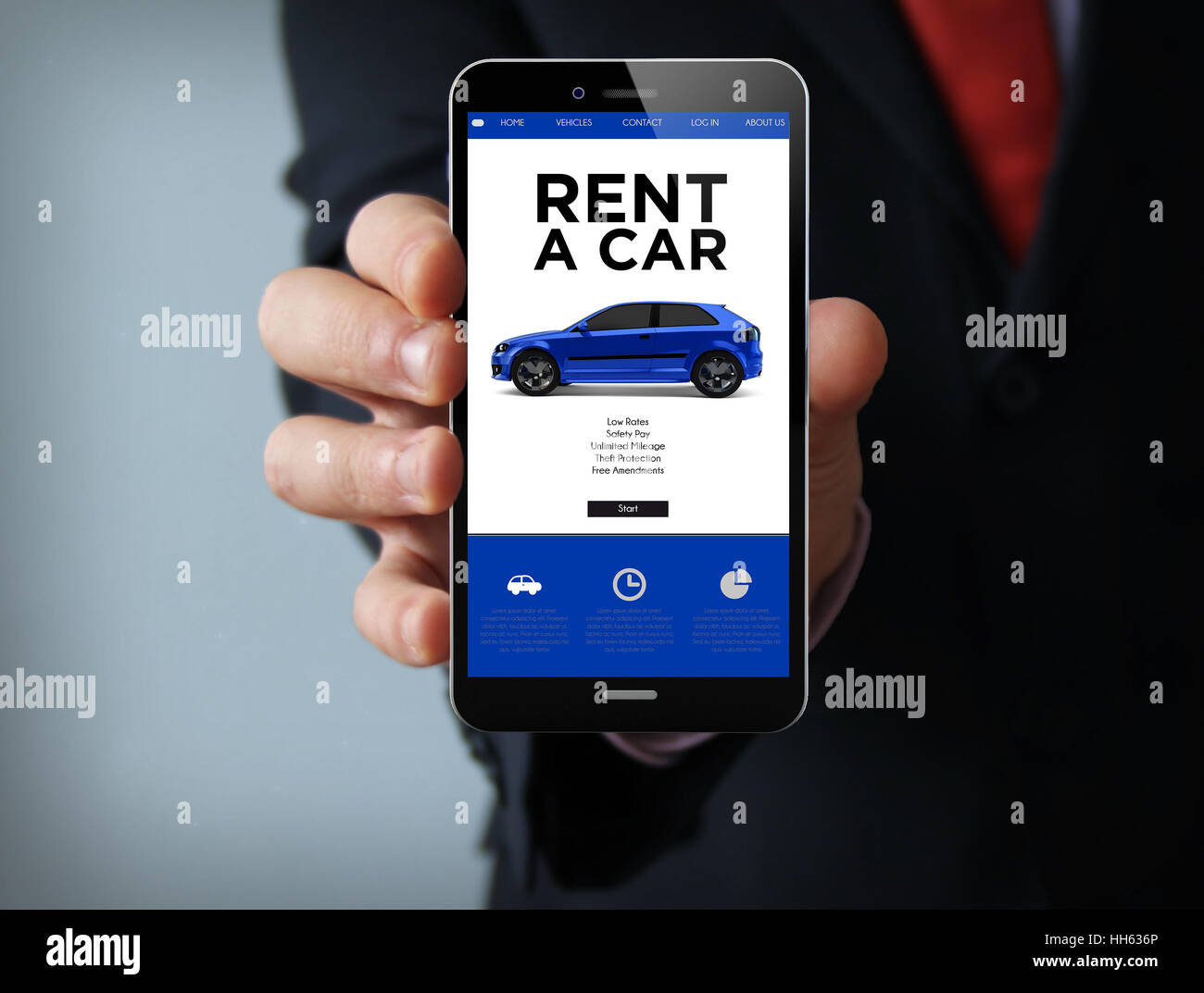 Nouvelles technologies : concept d'entreprise main tenant un téléphone tactile 3D généré à louer une voiture sur l'écran. Écran graphique sont constitués. Banque D'Images