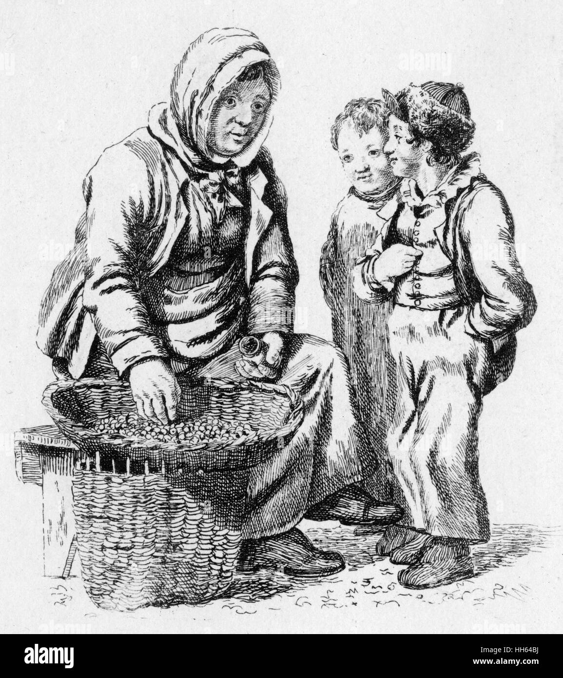 Femme vendant des coques en Écosse, vers 1830 Banque D'Images