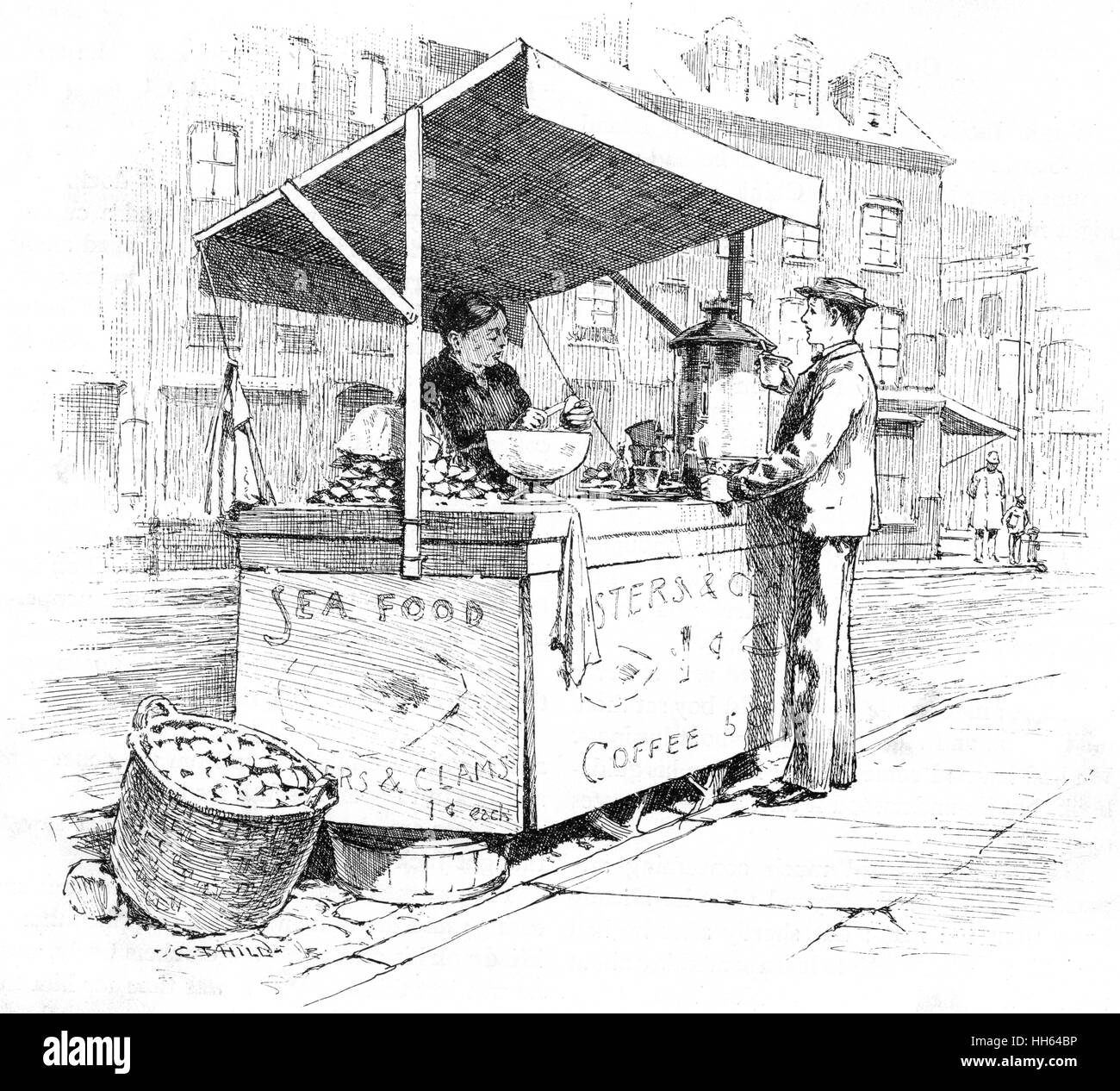 Les huîtres, les palourdes et le café pour la vente d'un décrochage à New York, 1890. Banque D'Images