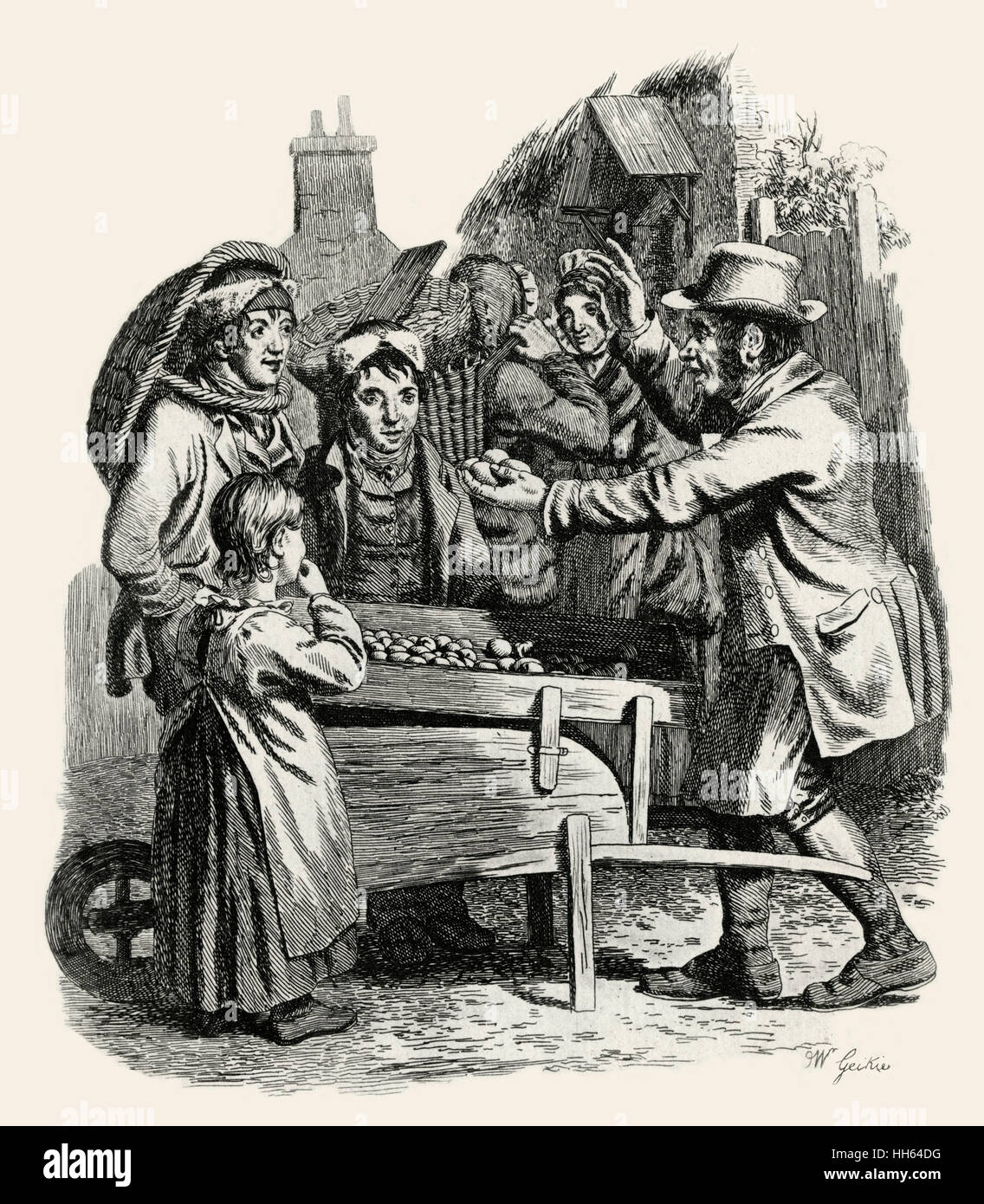 Vente de pommes d'un barrow en Écosse, 1830 Banque D'Images