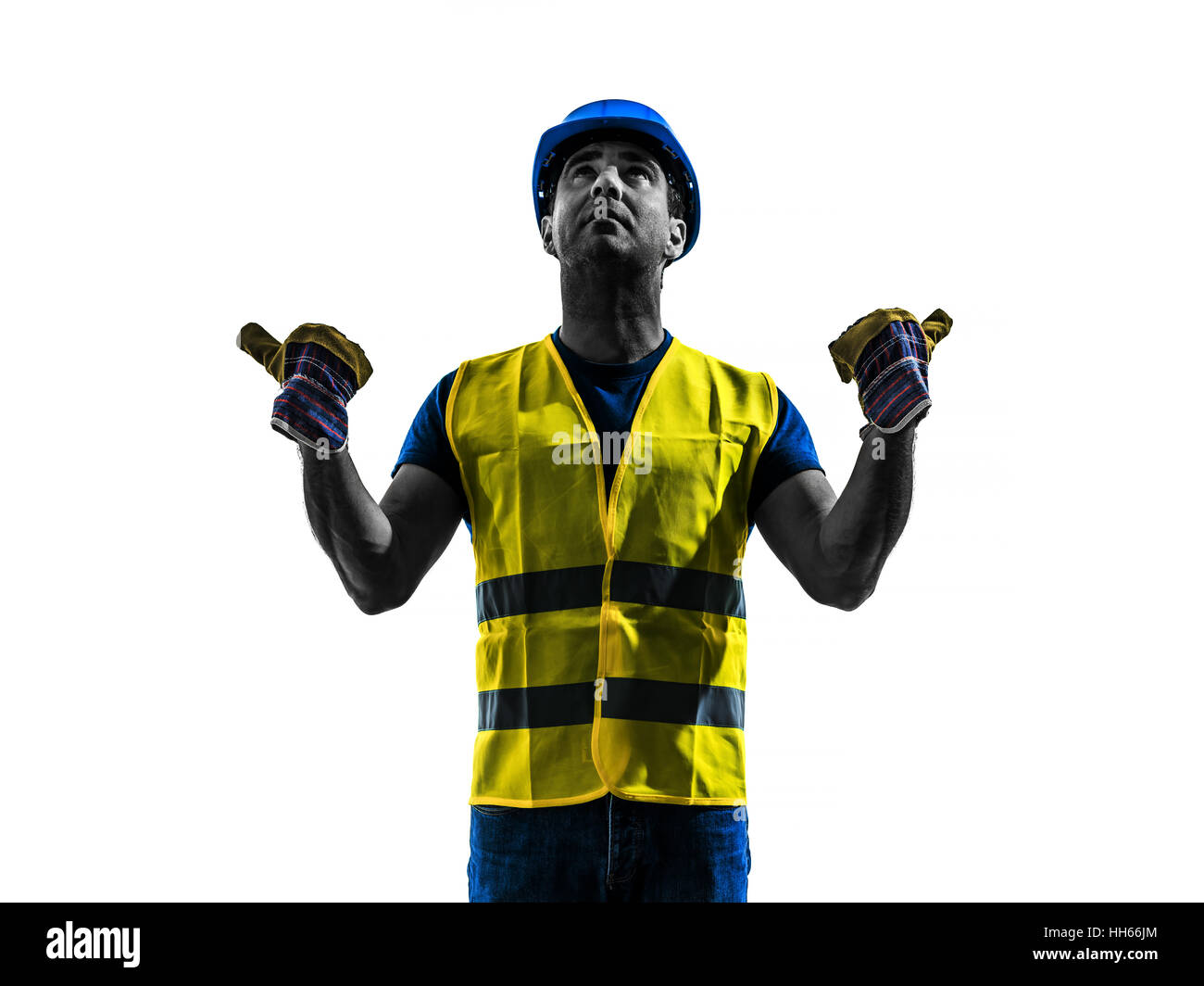 Travailleur de la construction d'un gilet de sécurité de signalisation avec silhouette d'extension de la flèche télescopique en isolé sur fond blanc Banque D'Images