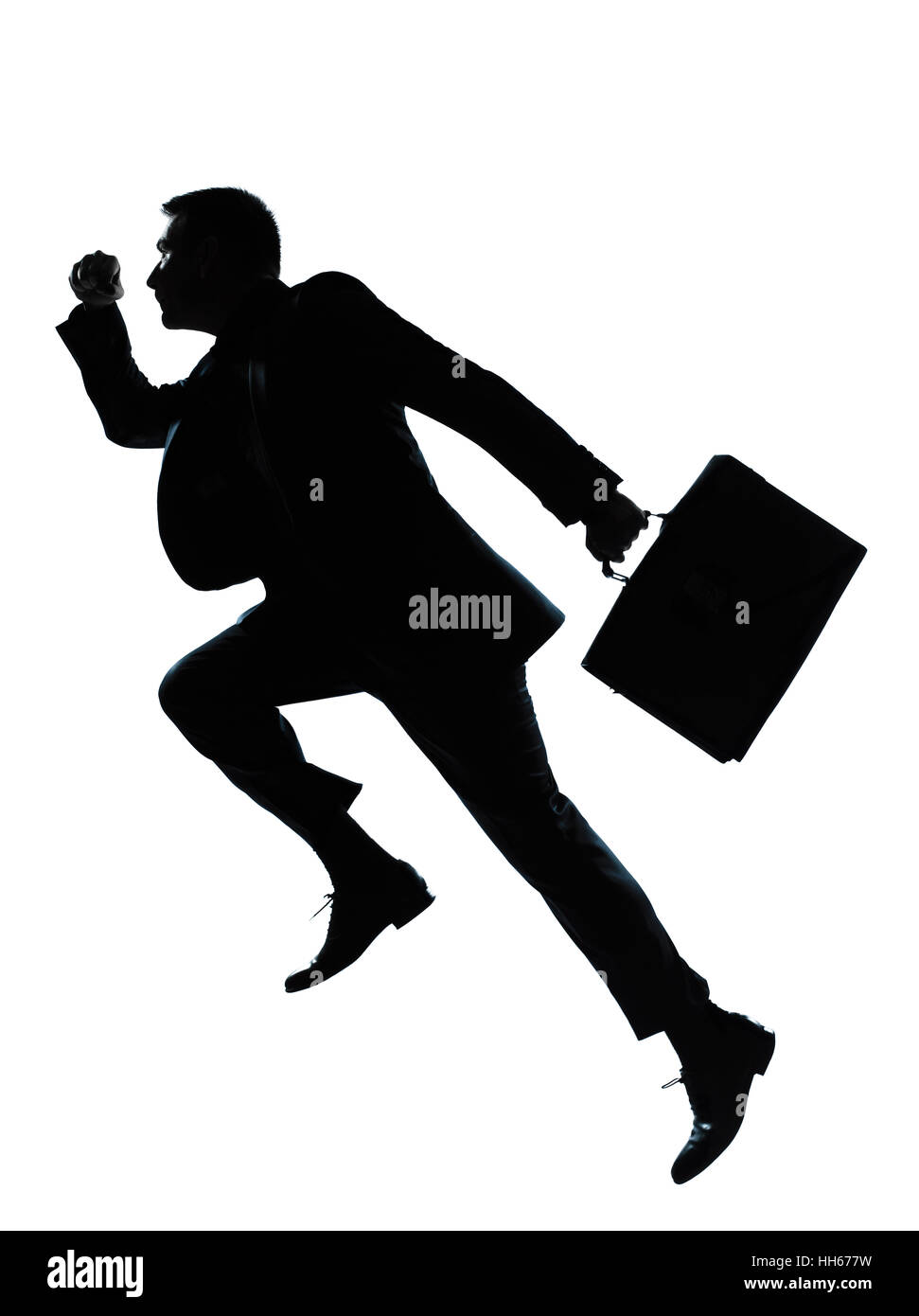 Un caucasian business man silhouette courir toute la longueur en studio isolé sur fond blanc Banque D'Images