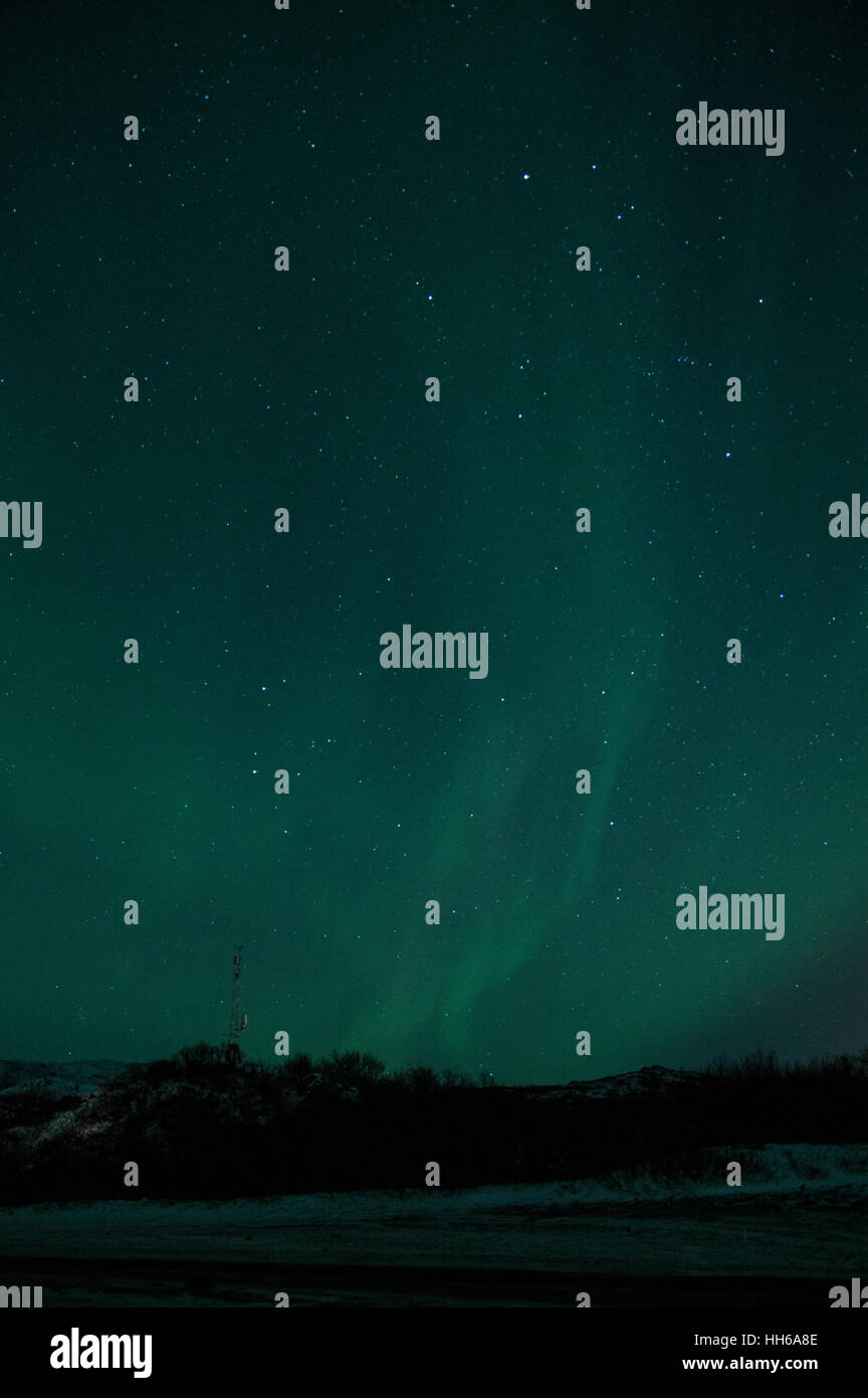 Photo verticale de la Northern Lights sur le parc national de Thingvellir en Islande Banque D'Images