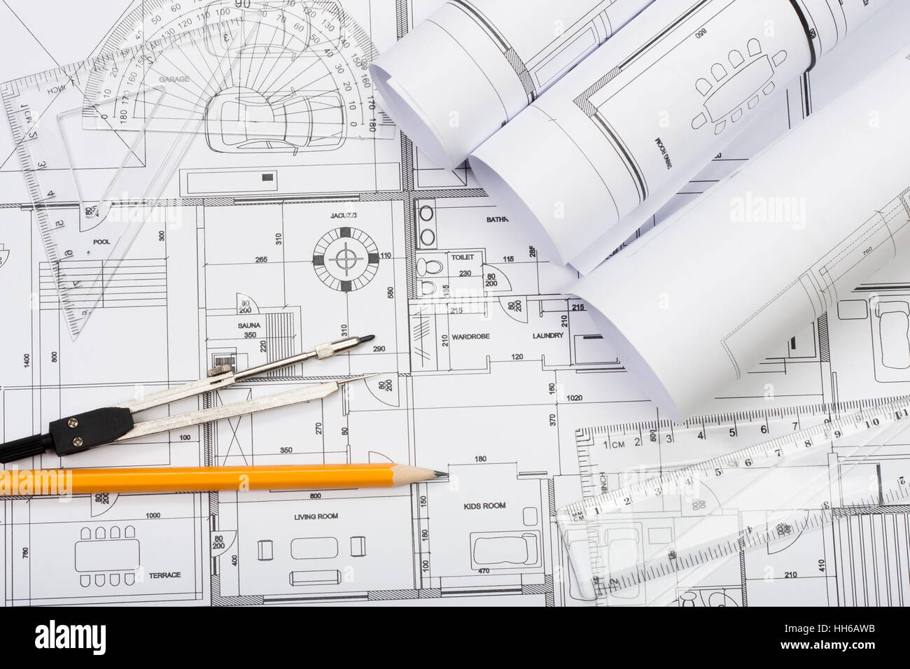 Les plans d'architecture, crayon et règle Banque D'Images