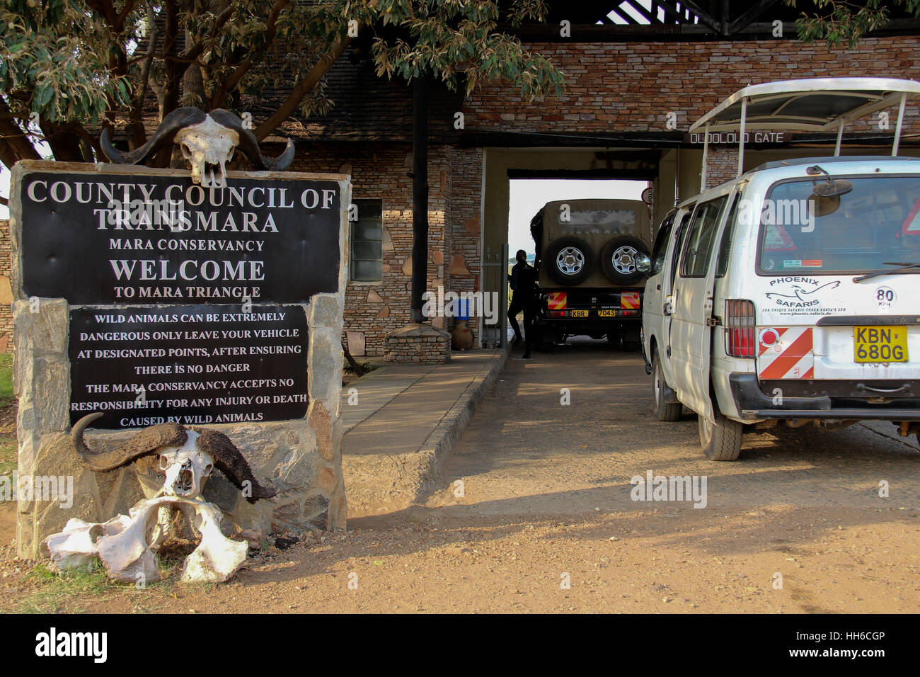 Safari cars entrant dans le Masai Mara Conservancy à Oloololo Gate, au Kenya Banque D'Images