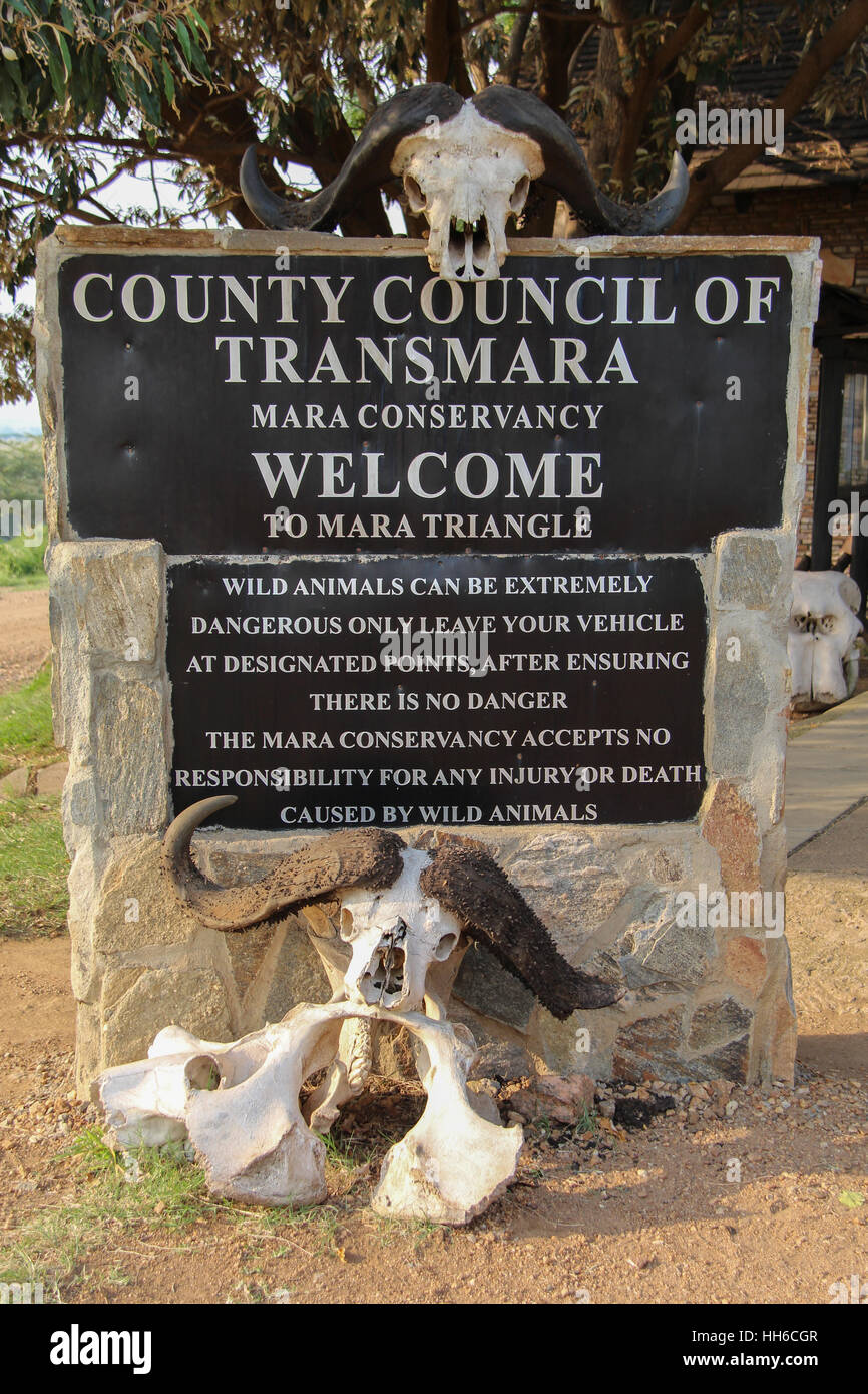 Panneau à l'entrée de Maasai Mara Conservancy à Oloololo Gate, au Kenya Banque D'Images