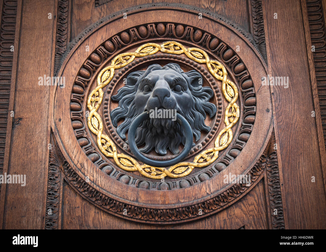 Doorknocker avec tête de lion Banque D'Images