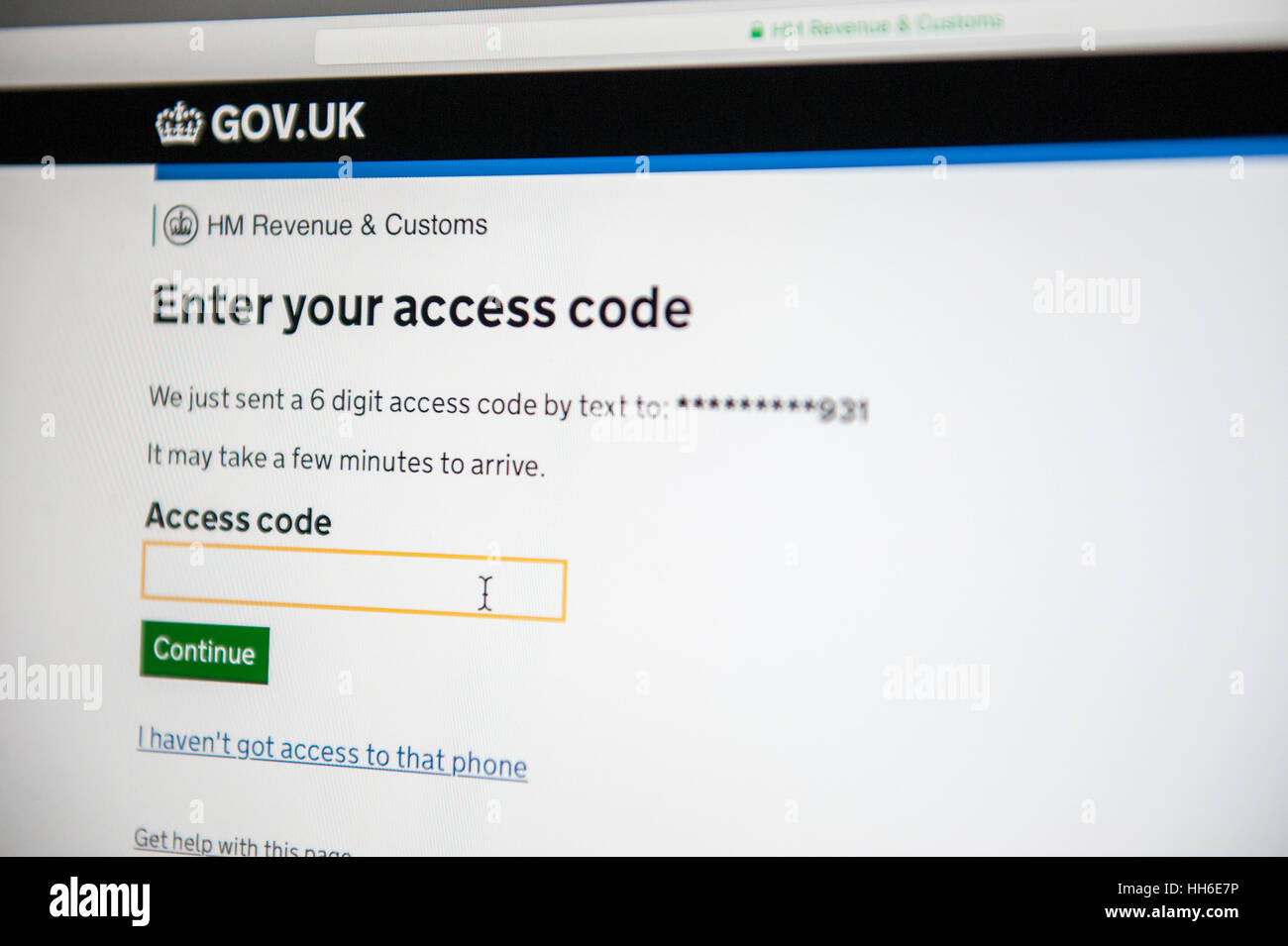 Auto-évaluation pour les personnes autonomes et indépendants, le code d'accès pour une utilisation en toute sécurité du site web de HMRC. Banque D'Images