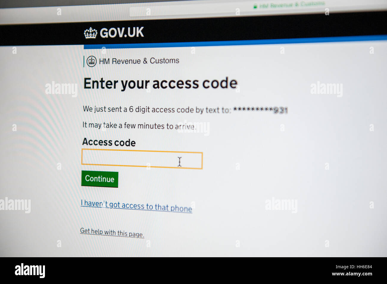 Auto-évaluation pour les personnes autonomes et indépendants, le code d'accès pour une utilisation en toute sécurité du site web de HMRC. Banque D'Images