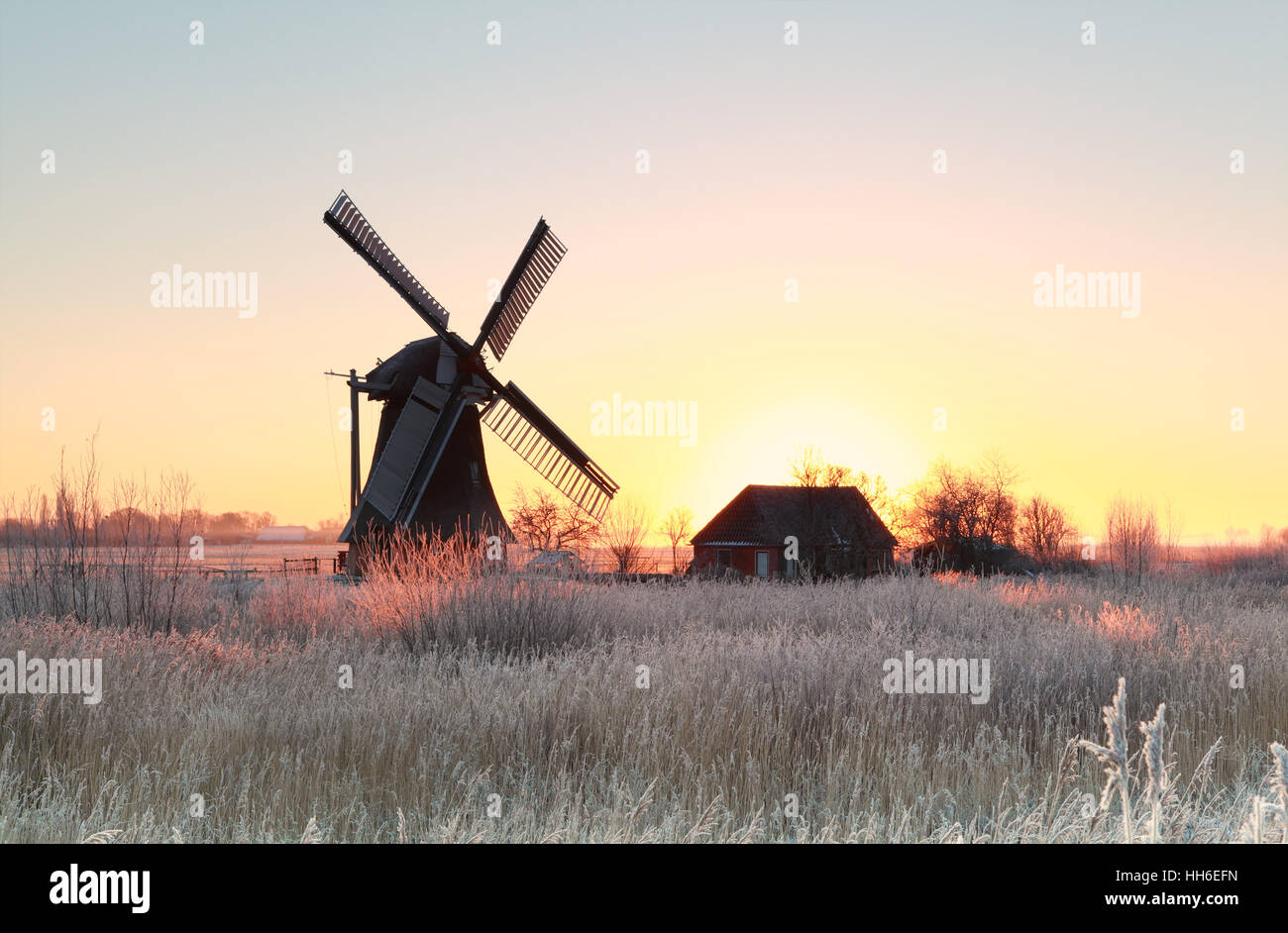 Lever de soleil sur l'prairie givrée et moulin à vent en hiver Banque D'Images
