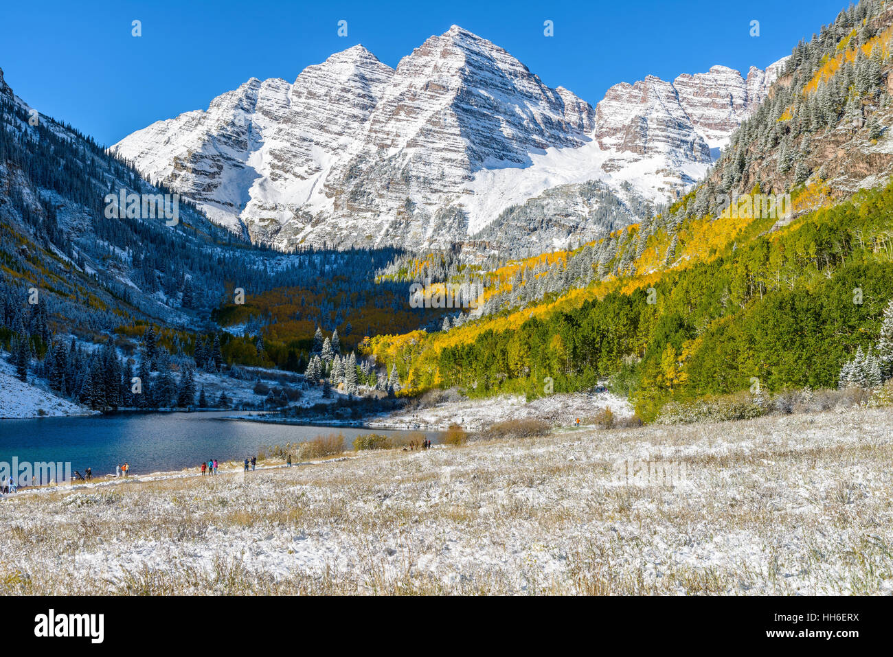 La neige en automne Maroon Creek Valley - un matin d'automne vue sur la vallée du ruisseau marron après une nuit de tempête de neige. Banque D'Images