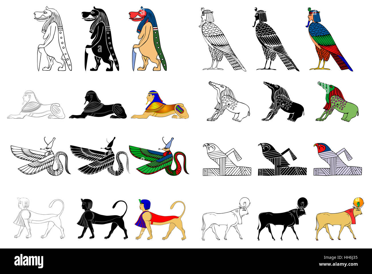 Diverses créatures de l'ancienne Egypte isolé sur fond blanc Banque D'Images