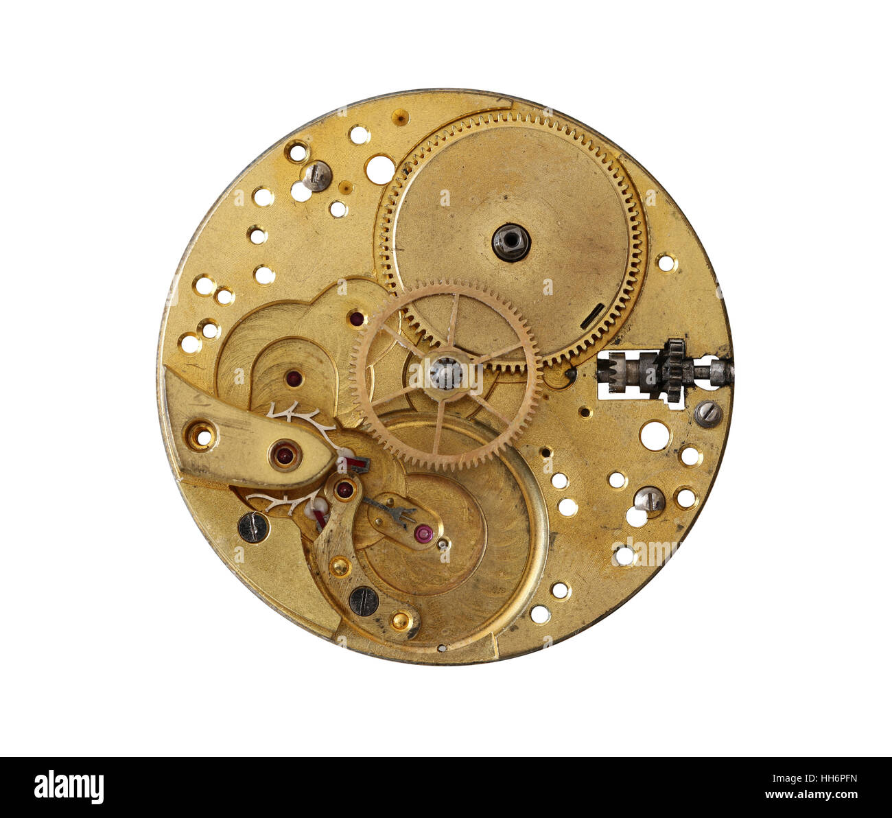 Mécanisme d'horlogerie ancienne et démantelé isolé sur fond blanc Banque D'Images