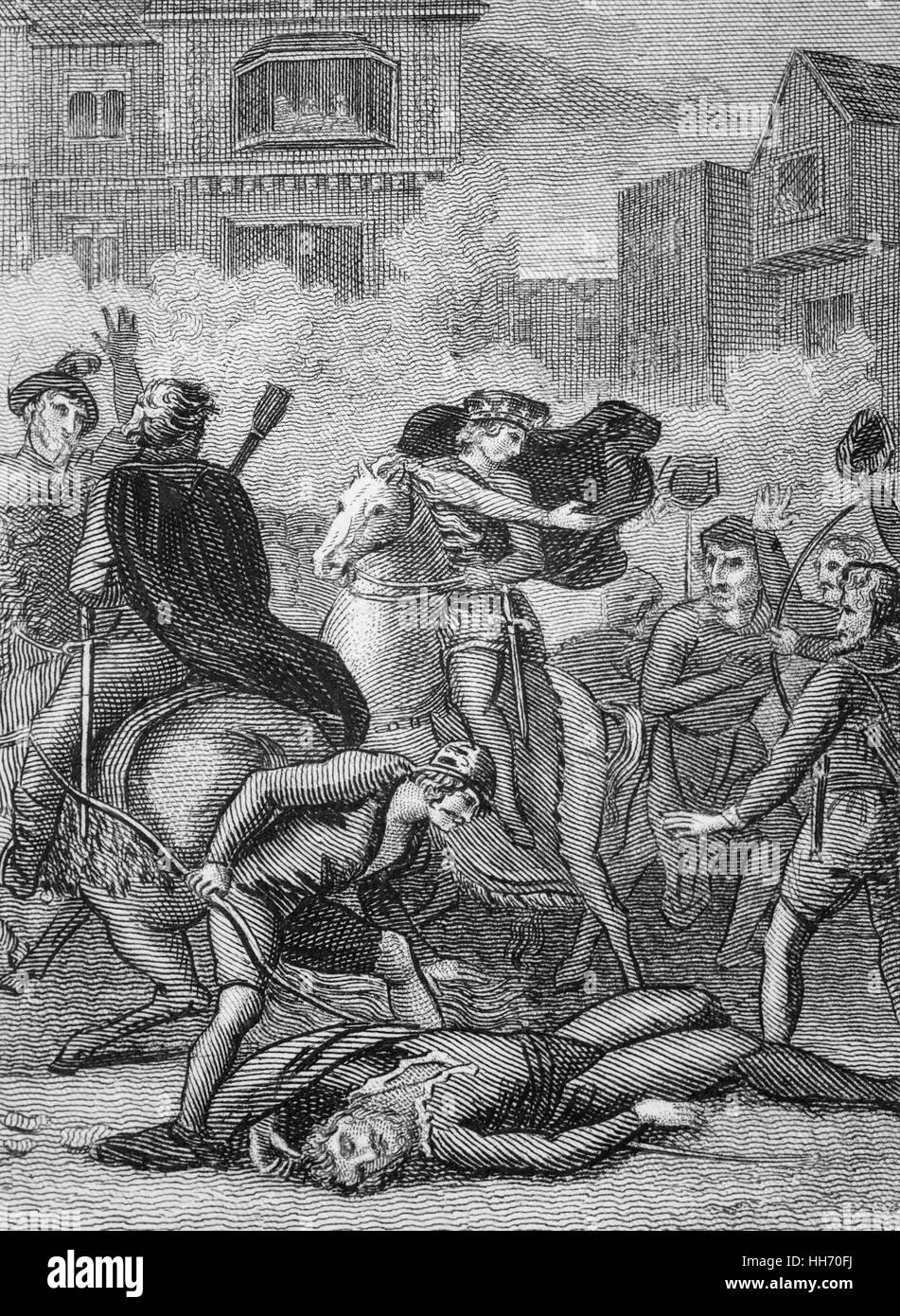 Walter 'Wat' Tyler était le chef de la Révolte des paysans en 1381 en Angleterre. Il marcha un groupe de rebelles de Canterbury à la capitale pour s'opposer à l'institution d'un impôt local et la demande de réformes économiques et sociales. Bien que la rébellion bref apprécié des premiers succès, Tyler a été tué par des officiers fidèles au roi Richard II lors des négociations de Smithfield, Londres 15 juin 1381. Banque D'Images