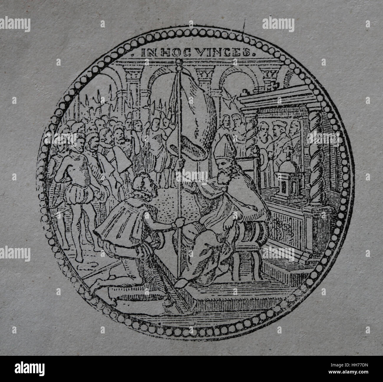Commémorant la prestation de médaillon le drapeau de la sainte ligue. Le pape Pie V (1504-1572). Gravure, 1882. Banque D'Images