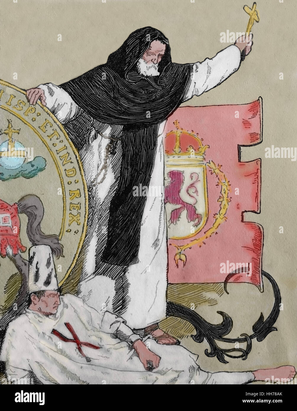 Reigh de Philippe II d'Espagne (1527-1598). Inquisition espagnole. prisonnier portant un sanbenito et membre de l'Ordre dominicain. Gravure, 1882. Banque D'Images