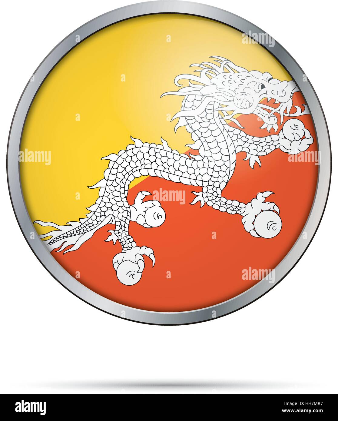 Bouton drapeau bhoutanais de vecteur. Le style de bouton de verre drapeau Bhoutan avec cadre métallique. Illustration de Vecteur