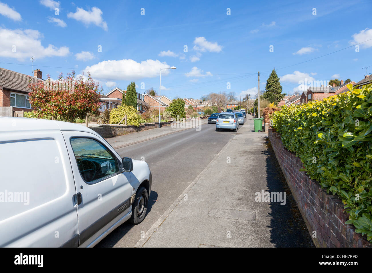 Une route bordée par des haies, arbres et arbustes des jardins sur une cité résidentielle moderne, Southwell, Nottinghamshire, Angleterre, RU Banque D'Images