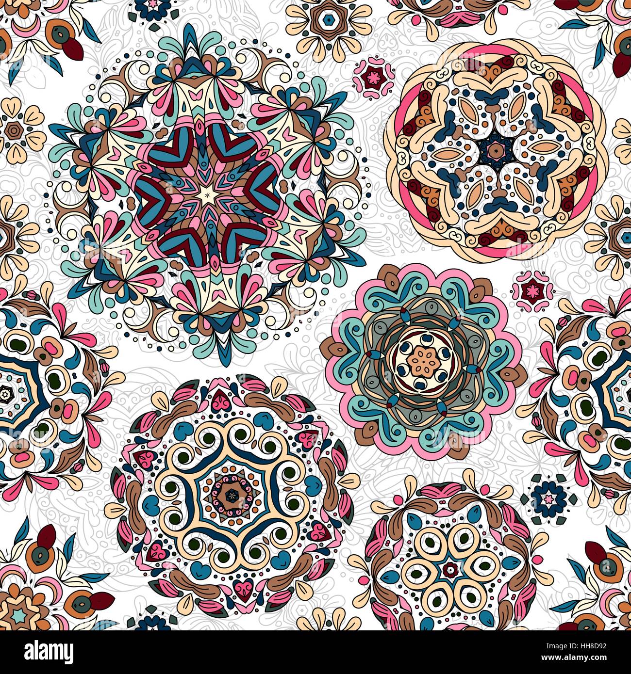Motif ethnique dans des tons pastels de fleurs stylisées, des feuilles et des formes circulaires avec le turc, l'Ouzbek, Kazakh vectoriel continu motifs de la texture pour imprimer, printemps été fashion, papier peint, tissu, textile Illustration de Vecteur