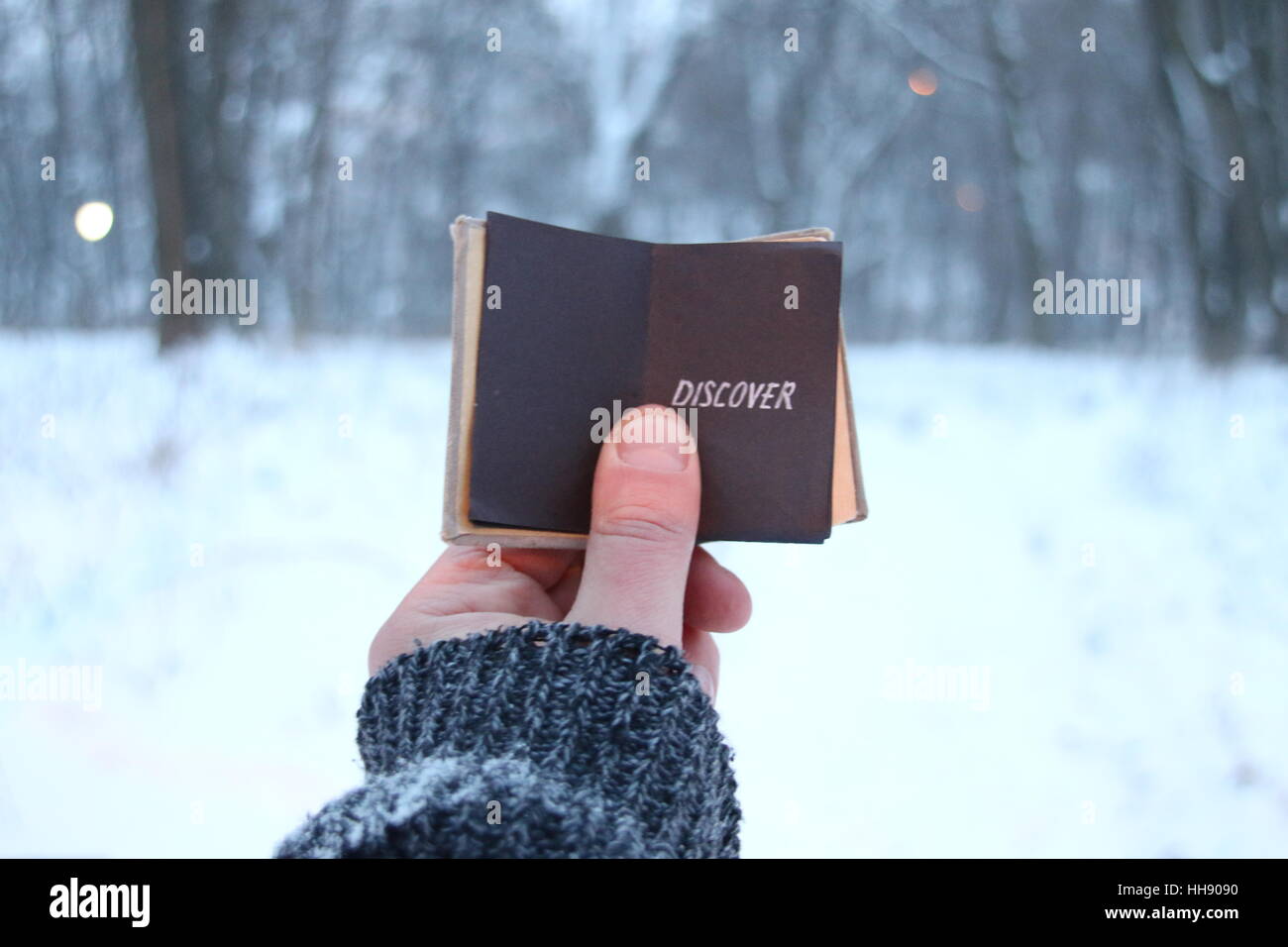 Découvrez idée, Voyageur tient un livre avec une inscription et la neige winter park. Photos floues pour l'arrière-plan Banque D'Images