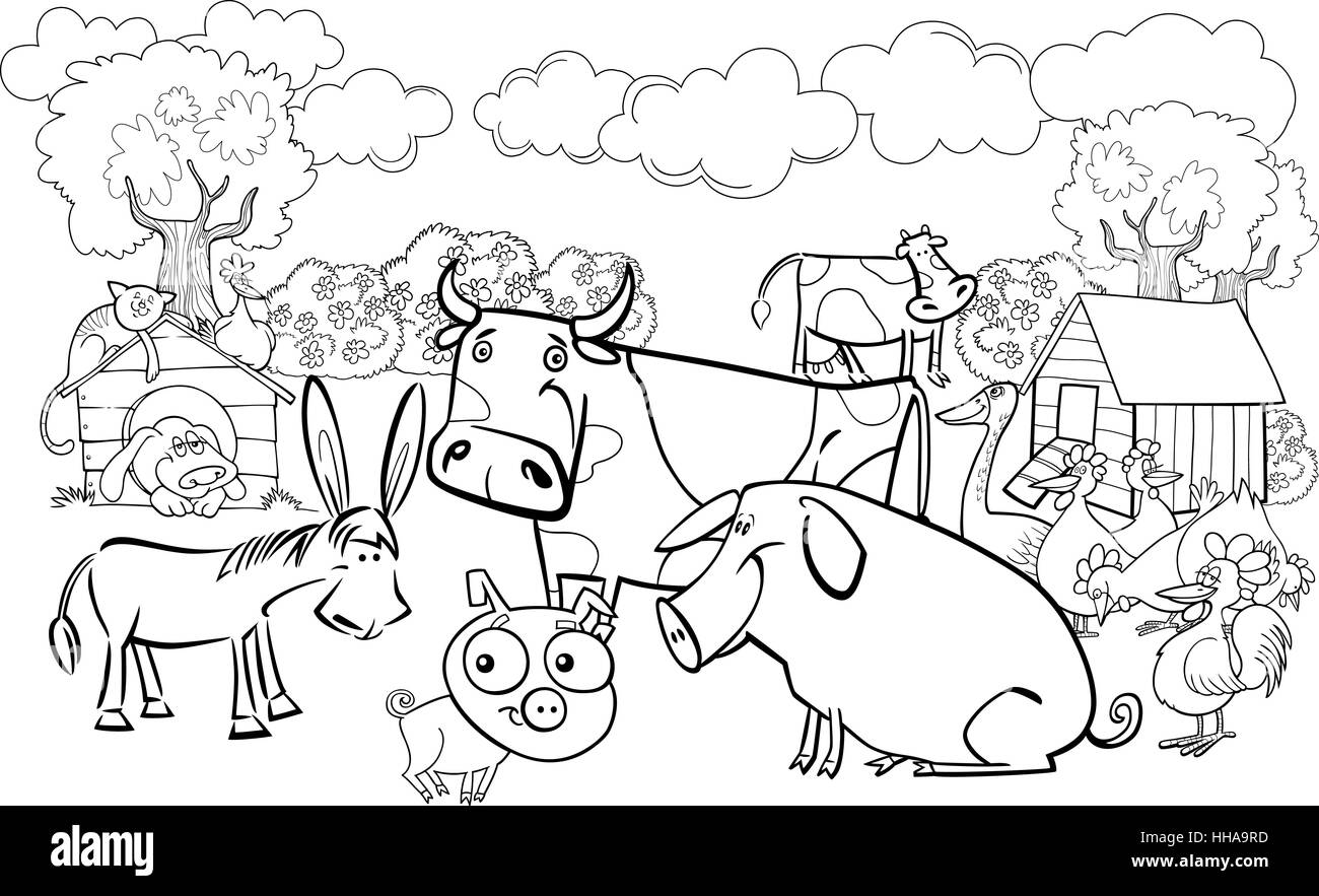 Cartoon illustration d'animaux de ferme à colorier pour groupe Banque D'Images
