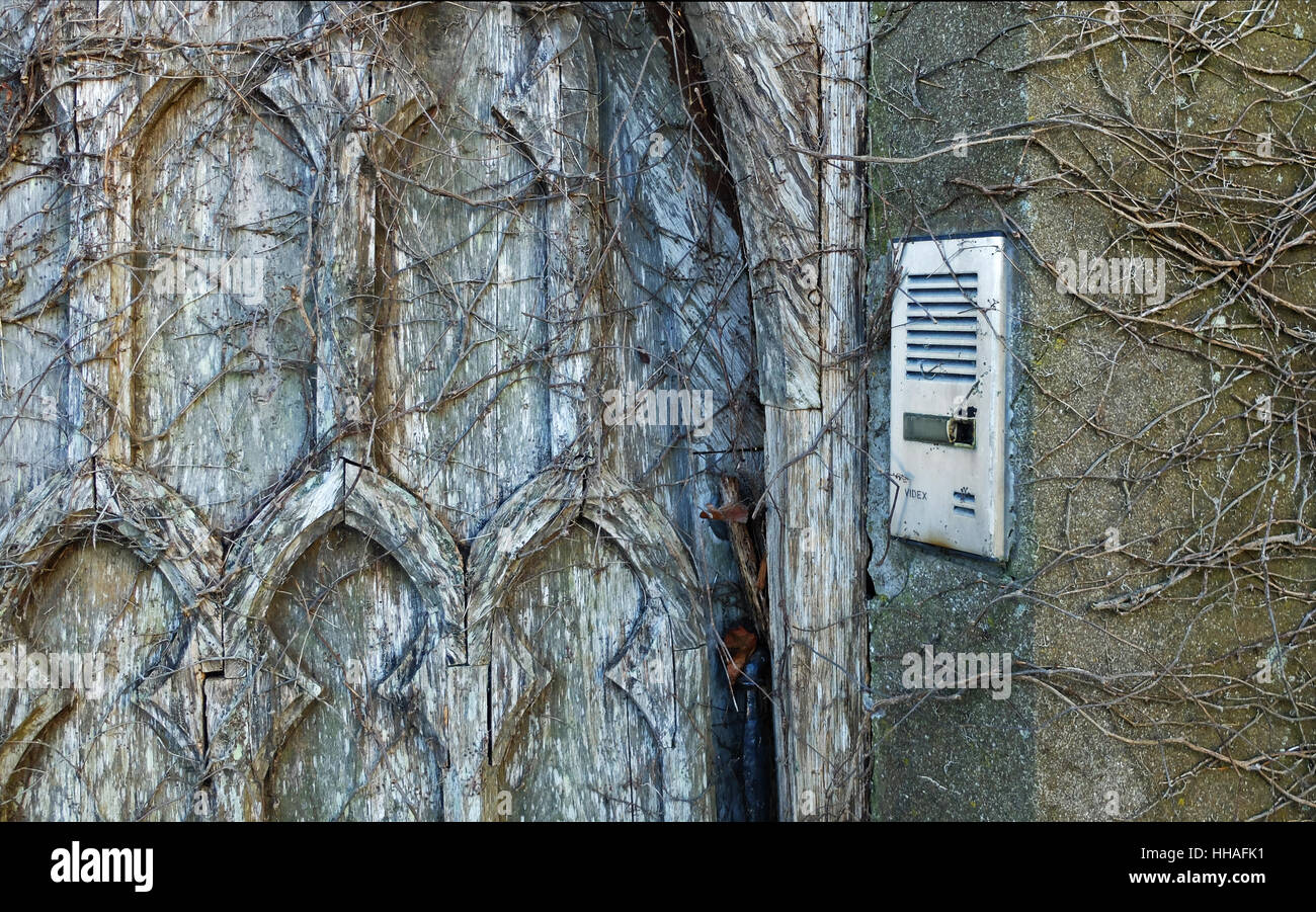Intercom sur envahi par la porte en bois, Kinsale, dans le comté de Cork Banque D'Images