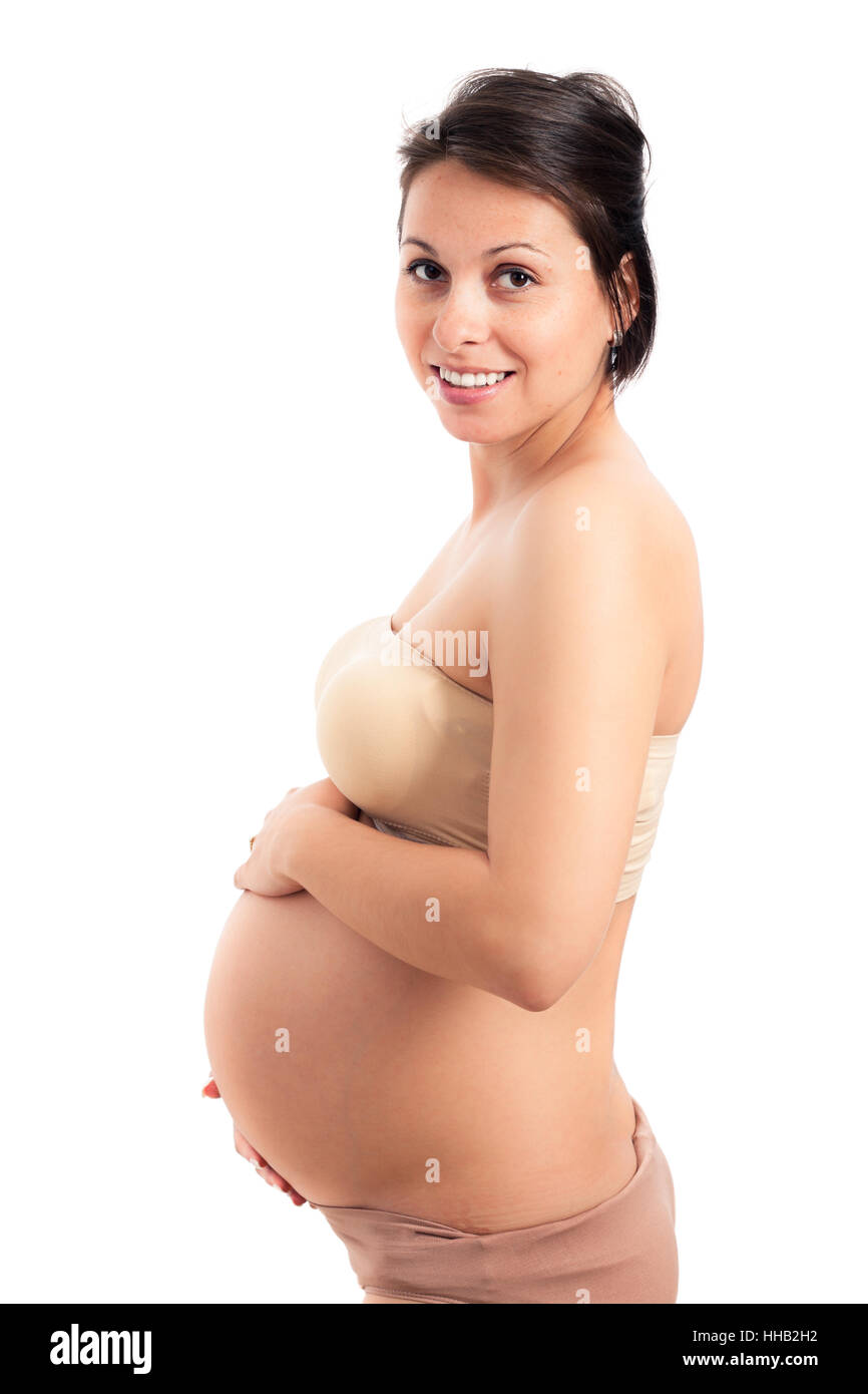 Happy pregnant woman smiling, isolé sur fond blanc. Banque D'Images