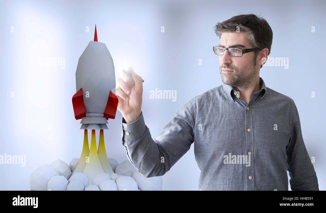 Businessman touching low poly rocket Banque D'Images