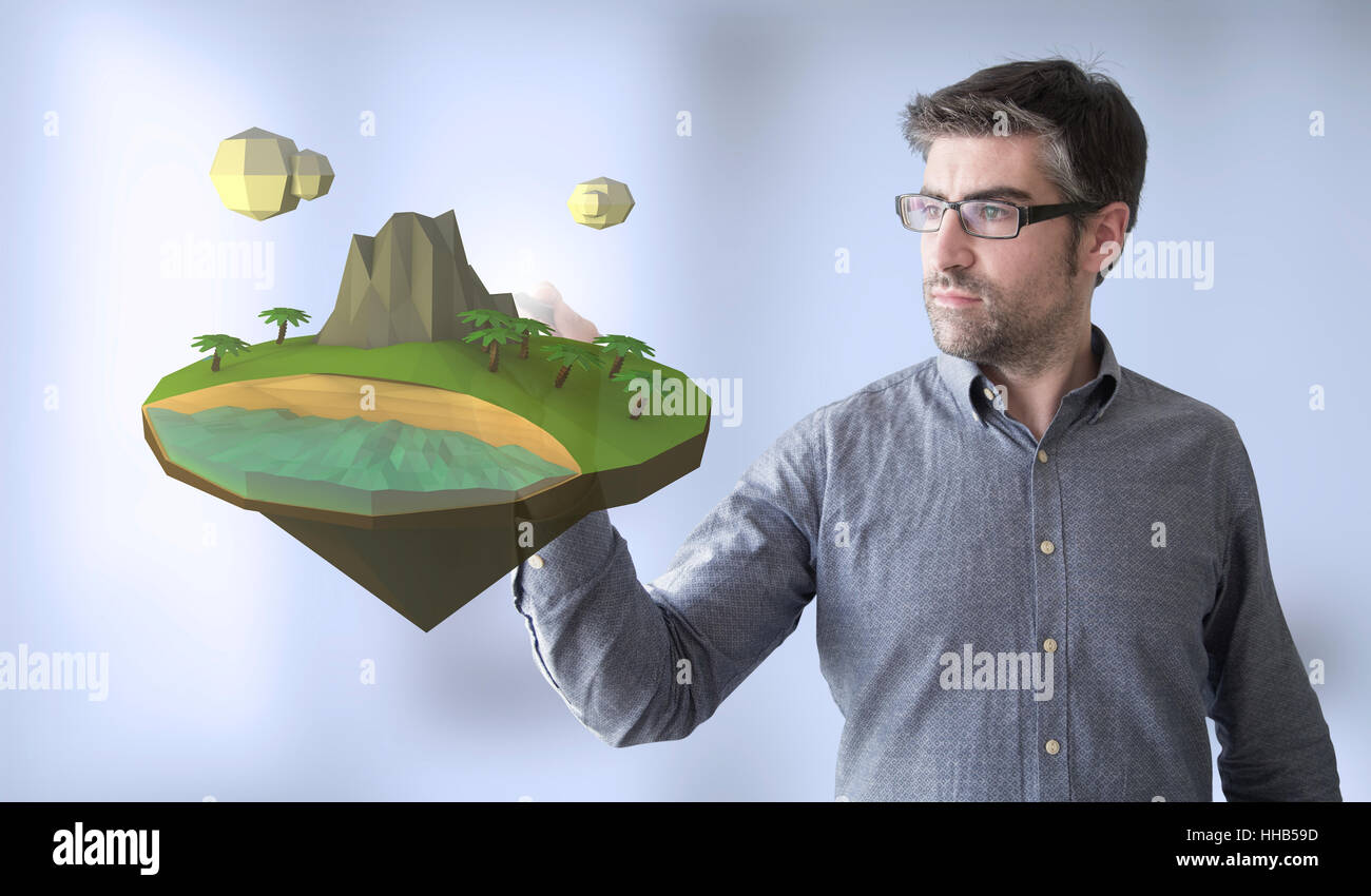 Businessman touching low poly island Banque D'Images
