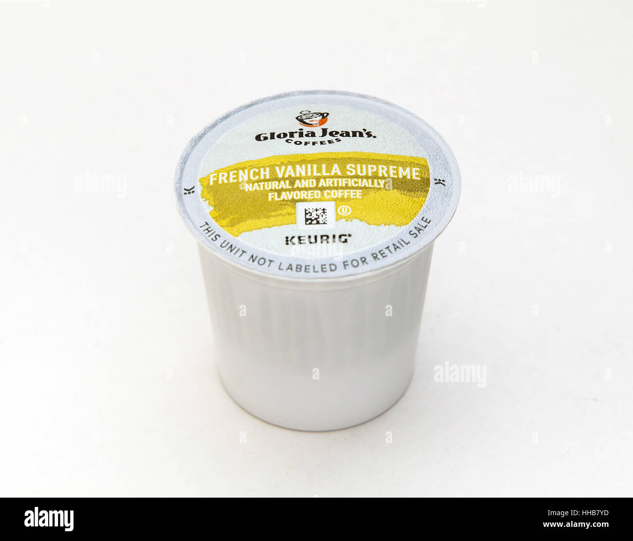 Une seule capsule de café aromatisé vanille française pour machine à café Keurig par Gloria Jean's est vu contre fond blanc Banque D'Images