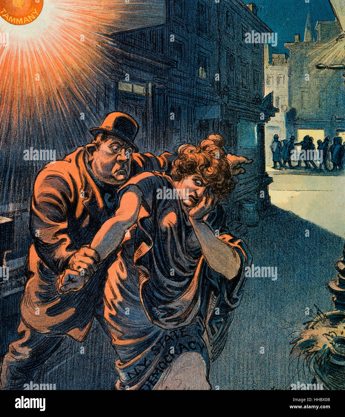 L'esclave blanc - Caricature politique montre Charles F. Murphy, dans une ruelle dans le quartier rouge, éclairé par un réverbère rouge marqués 'Tammany', forcer une femme marqués 'N.Y. La démocratie d'état' pour sortir de l'allée et sur la rue principale. 1911 Banque D'Images