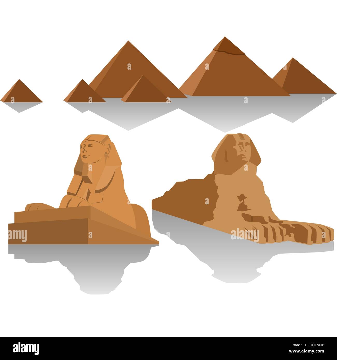 Sculpture Sphinx et les pyramides égyptiennes. L'illustration sur un fond blanc. Banque D'Images