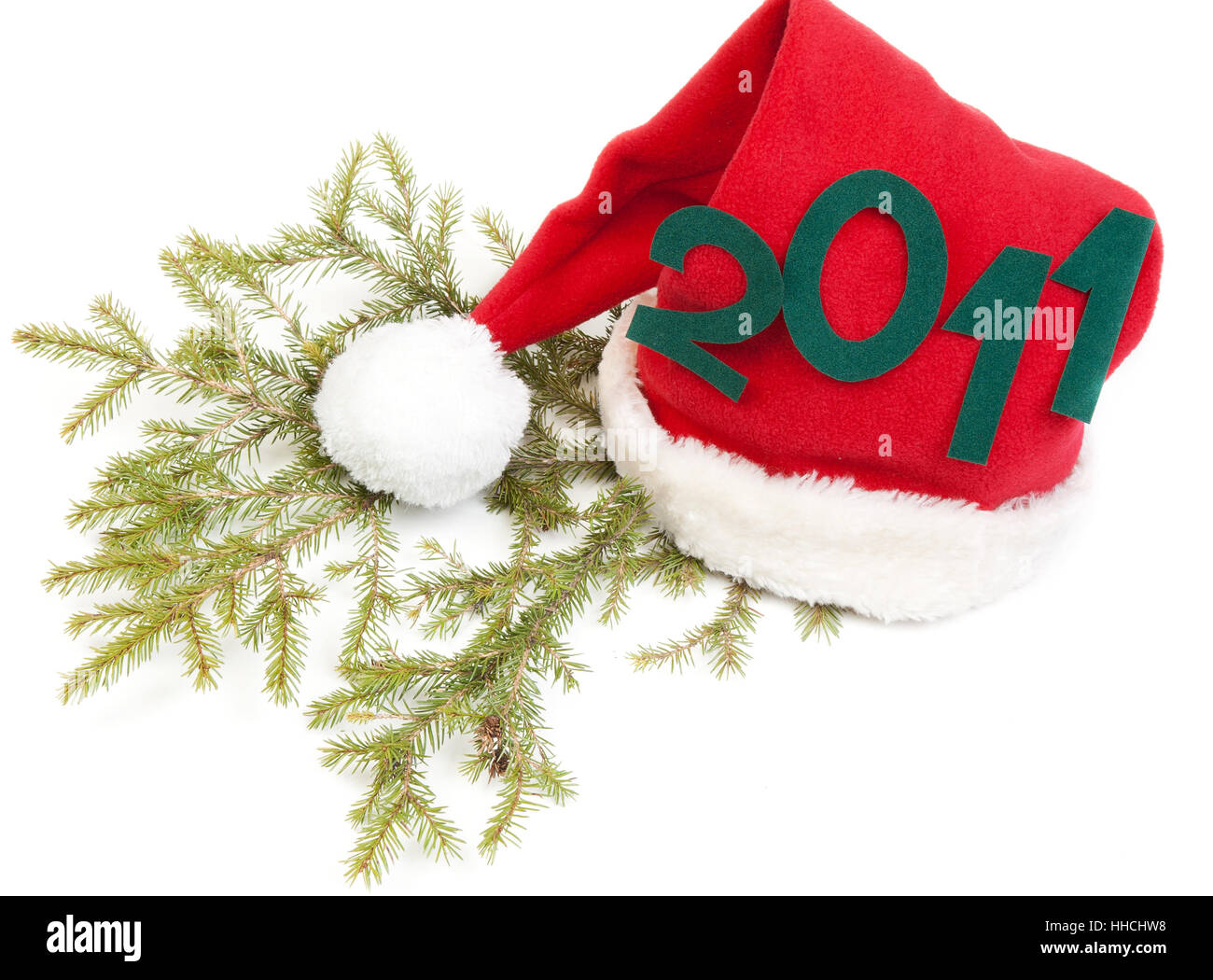 Arbre, vert, hat, branche, sapin, inscription, rouge, vacances, 2011, enjoliveurs, santa, Banque D'Images