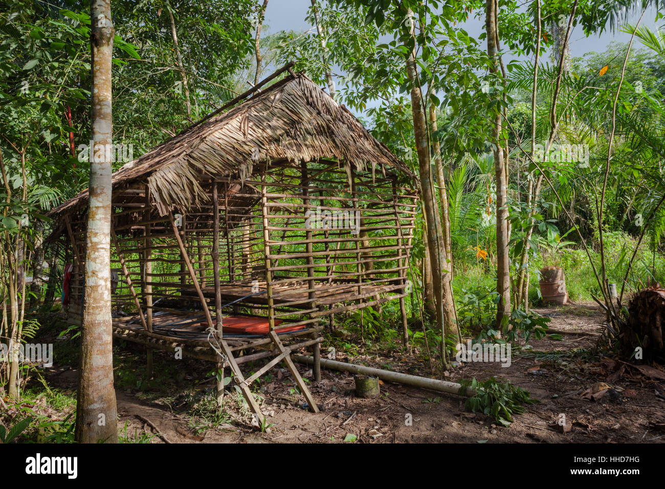 Bambou et bois construit pour contenir la cage d'élevage (comme les chèvres}, village éloigné, Sabah, Malaisie Bornéo Banque D'Images