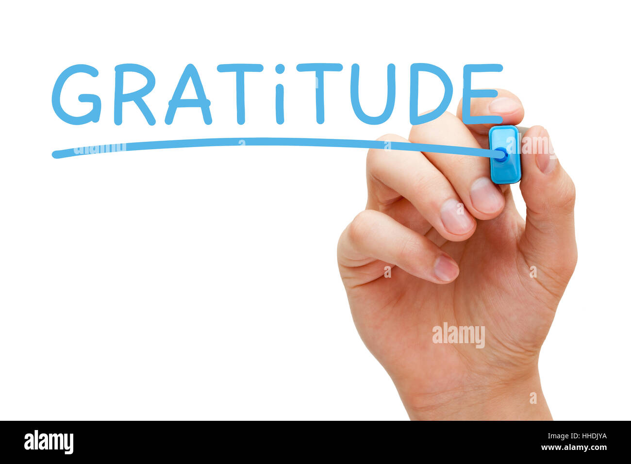 L'écriture à la main avec gratitude marqueur bleu sur transparent essuyer. Banque D'Images