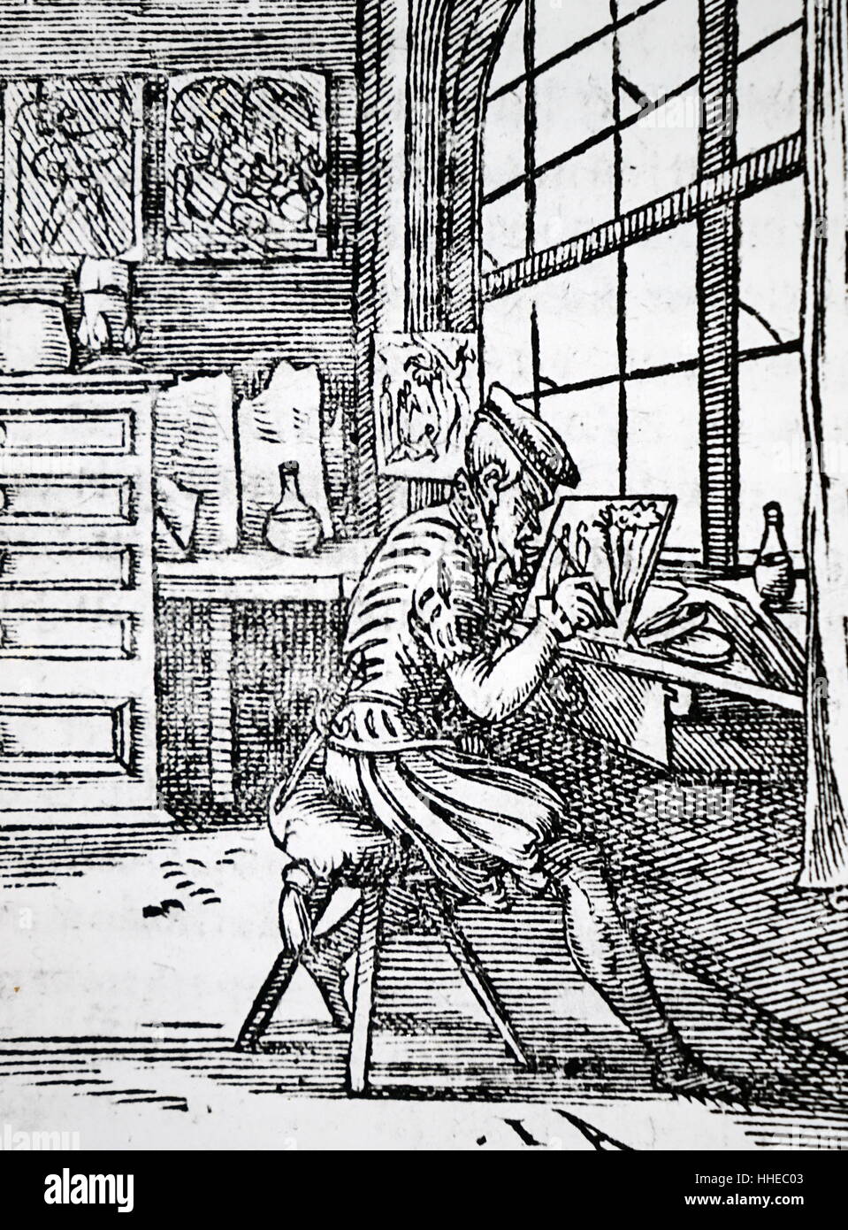 Amman, gravure sur bois montrant un vitrail artiste dans son studio ; Francfort, Allemagne 1586 Banque D'Images