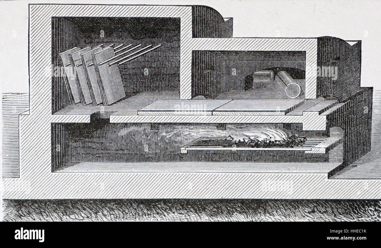L'épandage et rectifieuse de cylindres, droit, montrant de grandes (verre à vitre commun) qui est chauffé pour les rendre suffisamment plastique pour être aplati sur une table en bois avant d'être placés dans une température plus basse (à gauche), puis mis à refroidir ce qui rend moins fragile. 1888 Banque D'Images