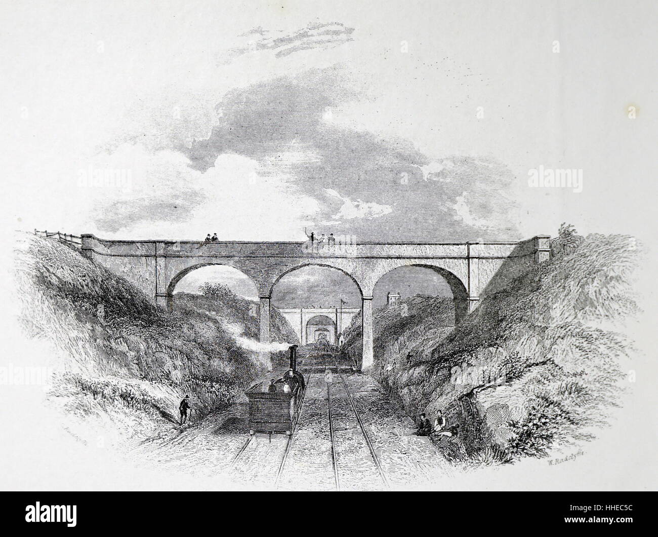 Grand Junction Railway, les ingénieurs Robert Stephenson et Joseph Locke. Elle est devenue partie de London and North Western Railway en 1846. Locomotive en coupant au Hartford près de Nantwich, Cheshire, Angleterre. Illustration publié à l'origine c 1839. Banque D'Images
