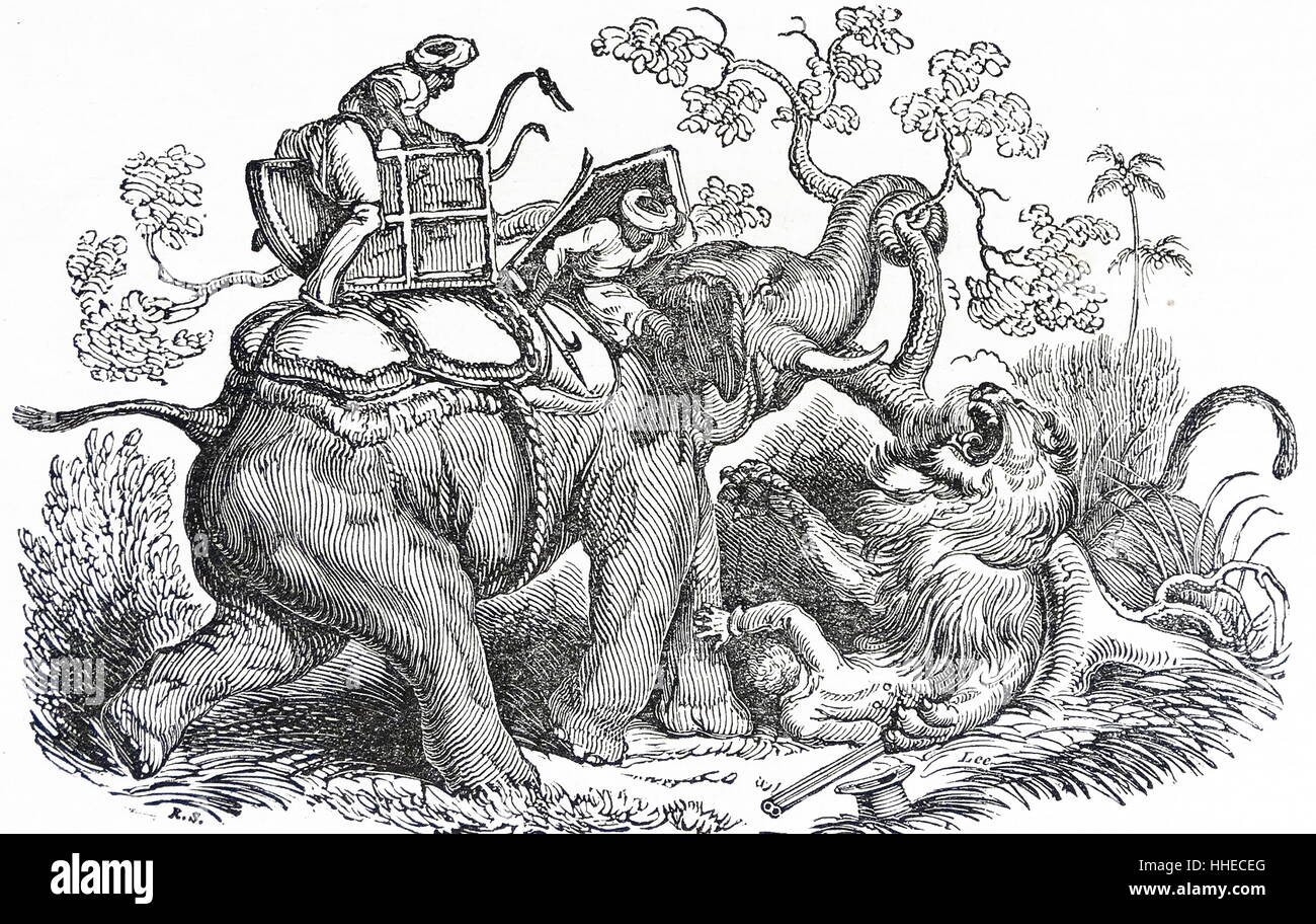 La chasse au lion en Inde : un sportif dans une position périlleuse étant tombé hors de l'howdah sur l'éléphant est de retour. 1832 Banque D'Images