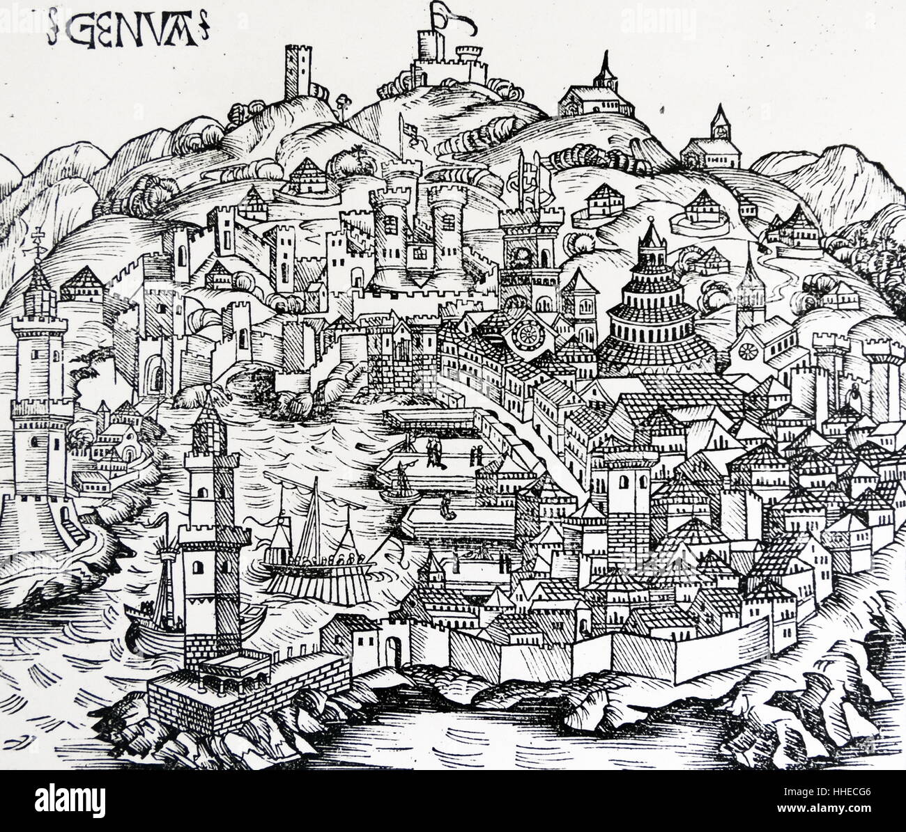 Vue de Gênes en Italie, montrant une cuisine et un voilier dans le port, et les jetées et les entrepôts à quai pour l'entreposage des marchandises, déchargés des bateaux commerciaux. Sehedel Liber Chronicarum de Hartmann mundi (Nuremberg Chronicle), 1493 Banque D'Images