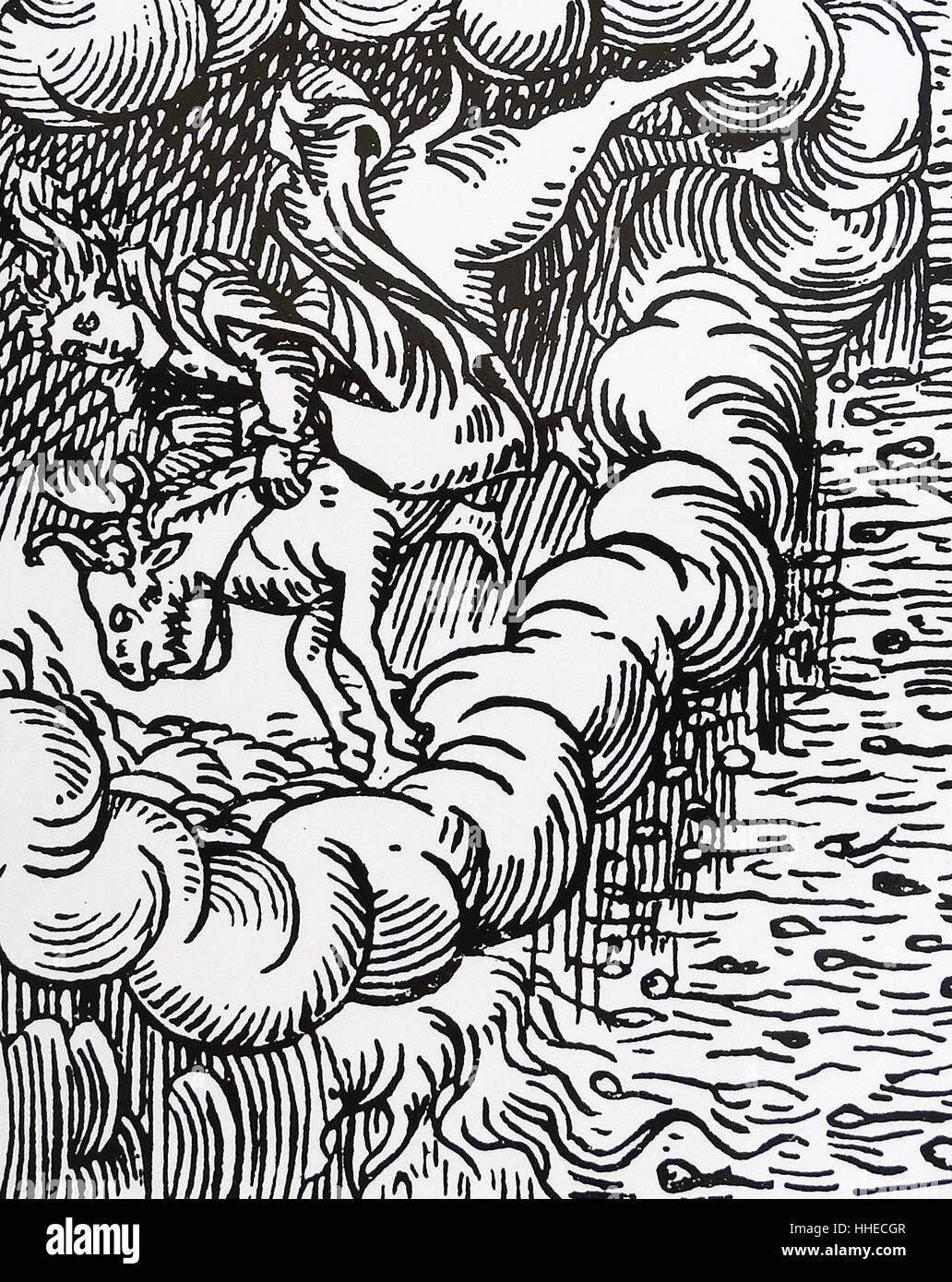 Une sorcière, école une chèvre à travers le ciel, faisant tomber la pluie des nuages. De Francesco Maria Guazzo Compendium Maleficarum, Milan, 1608. Banque D'Images