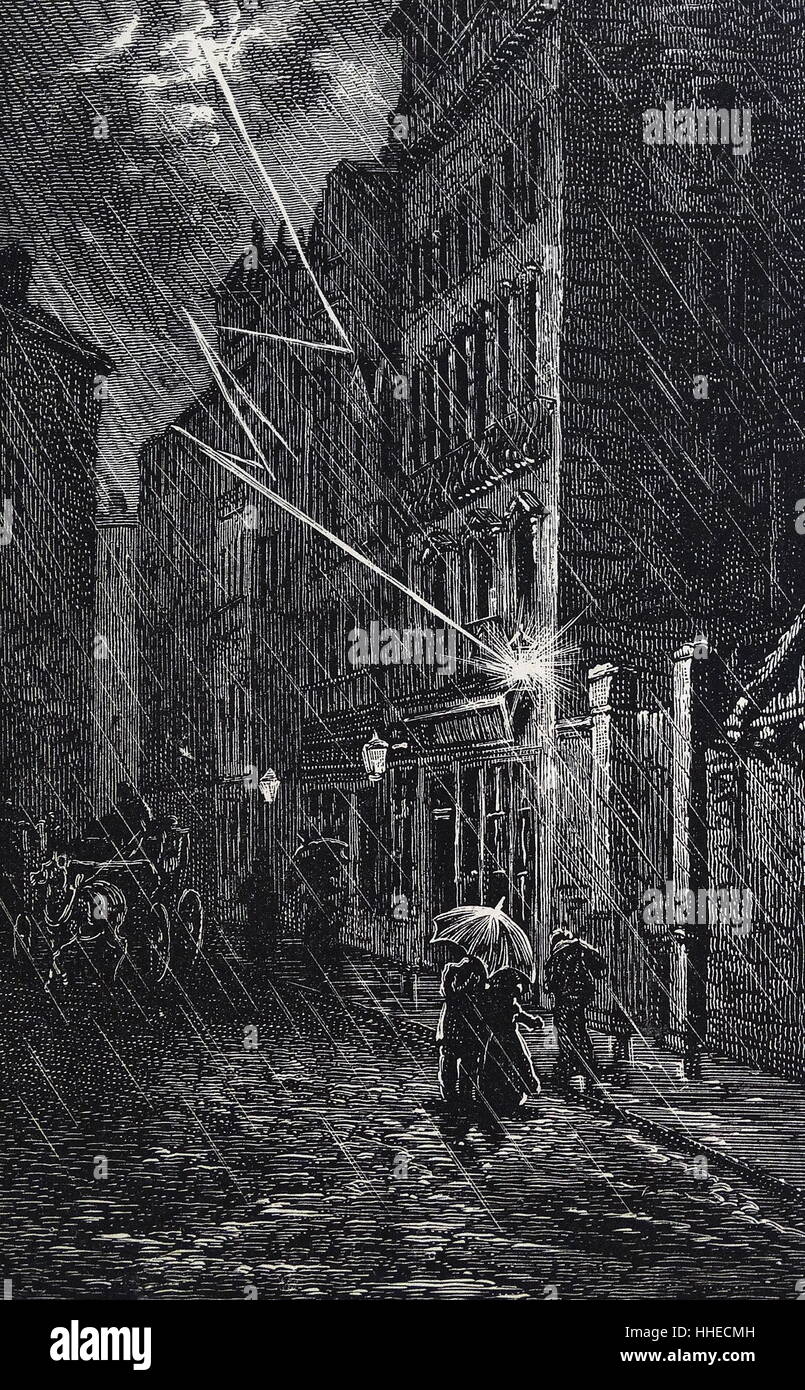 La foudre frappant une lampe à gaz dans une rue. Banque D'Images